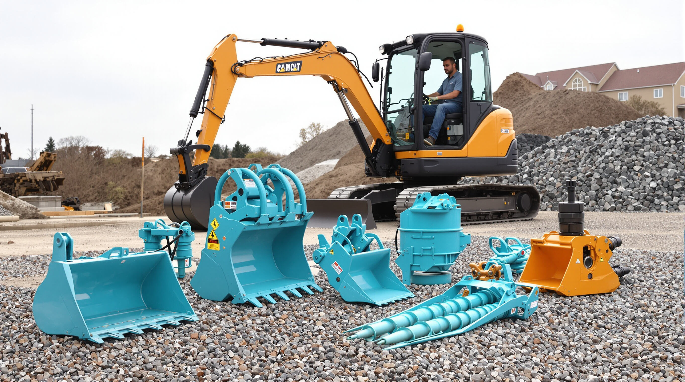 Mini excavator and a selection of attachments on site, showing versatility without lettering