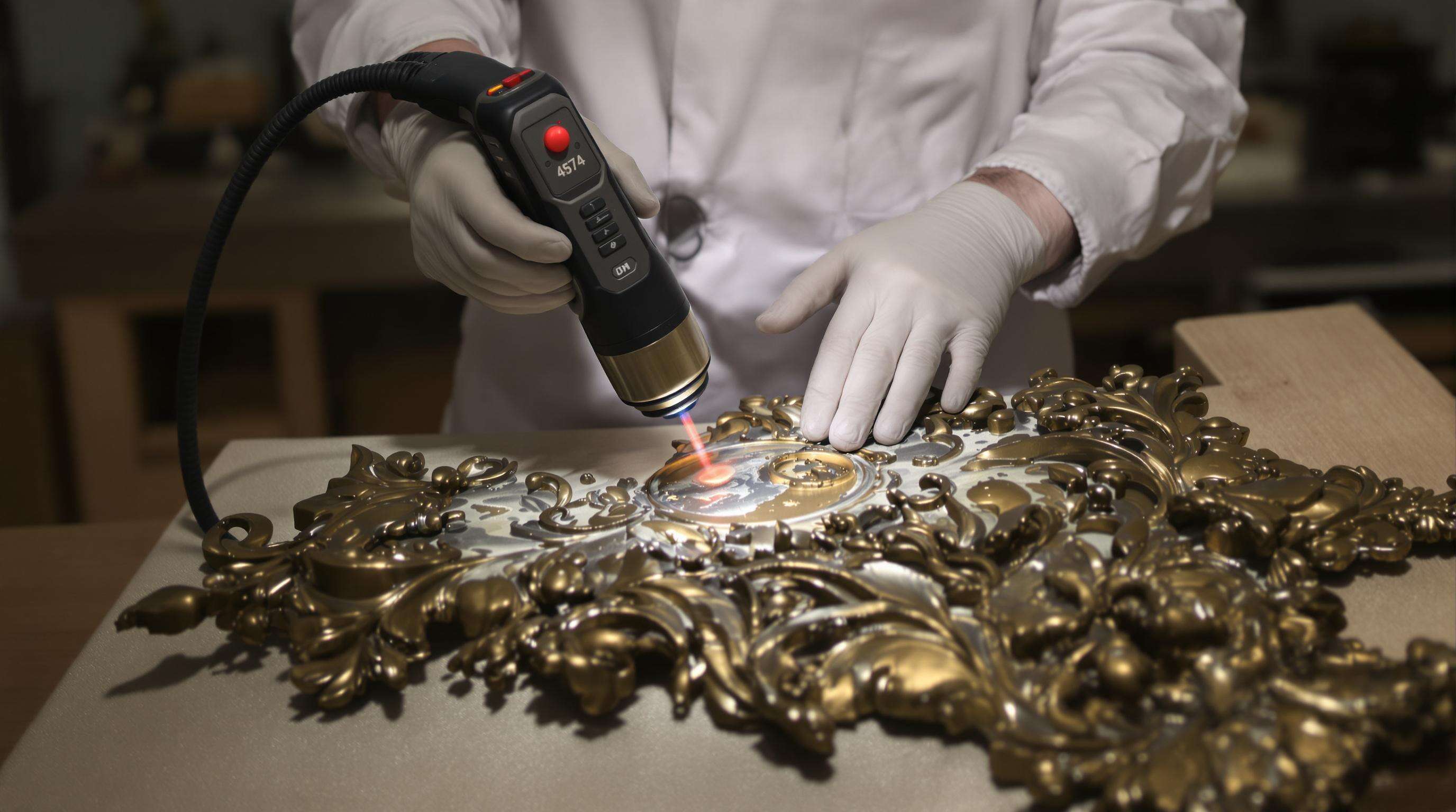 Conservator using a laser device to gently clean corrosion from a historical bronze artifact while preserving its patina