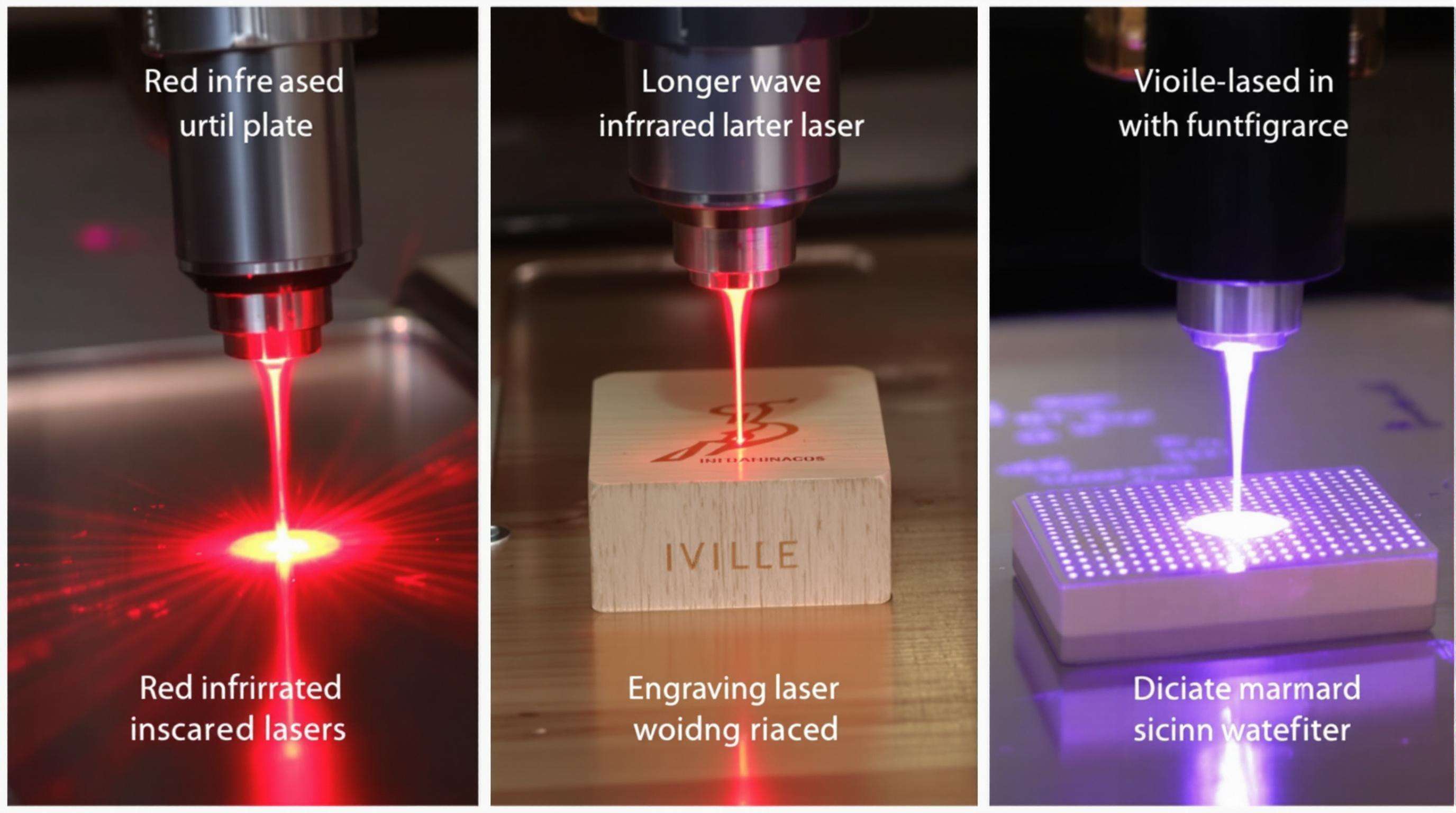 Side-by-side view of infrared, CO2, and UV lasers marking metal, wood, and a silicon wafer respectively