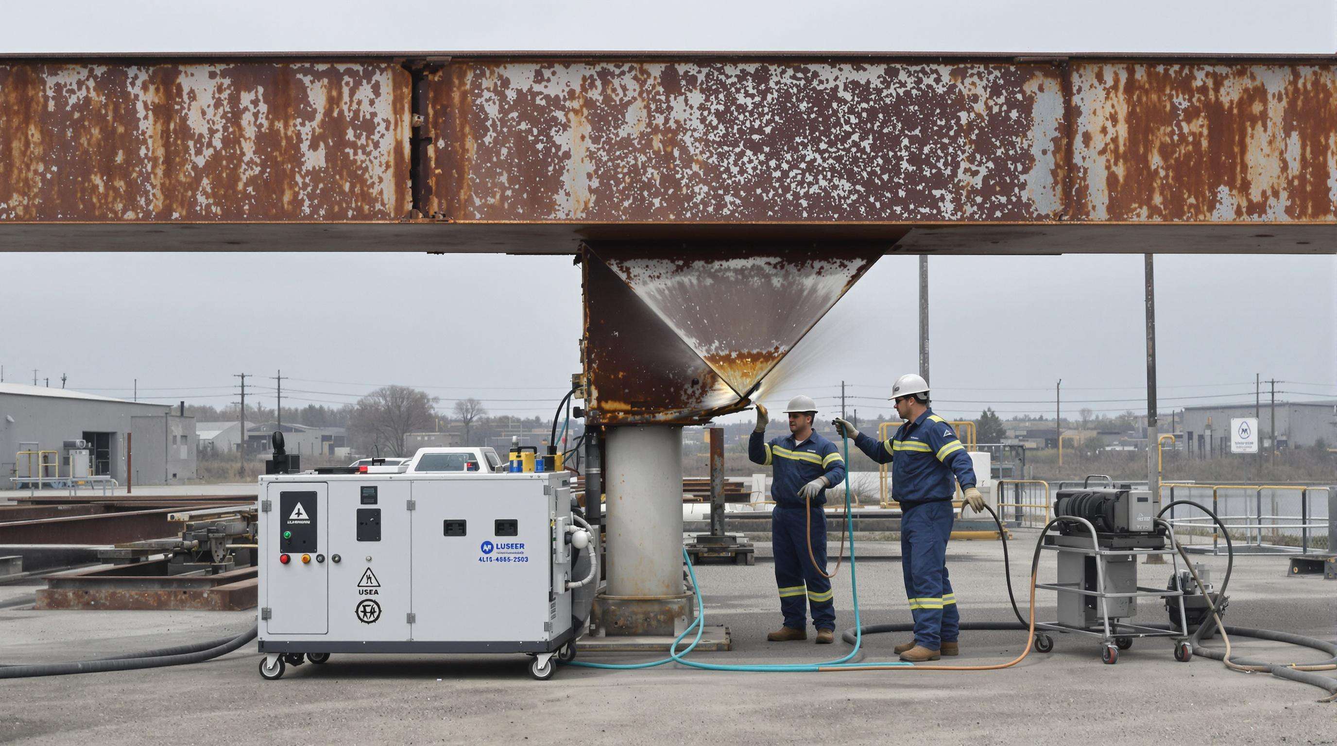 Technicians using a high-power laser cleaner to remove heavy rust from a steel beam