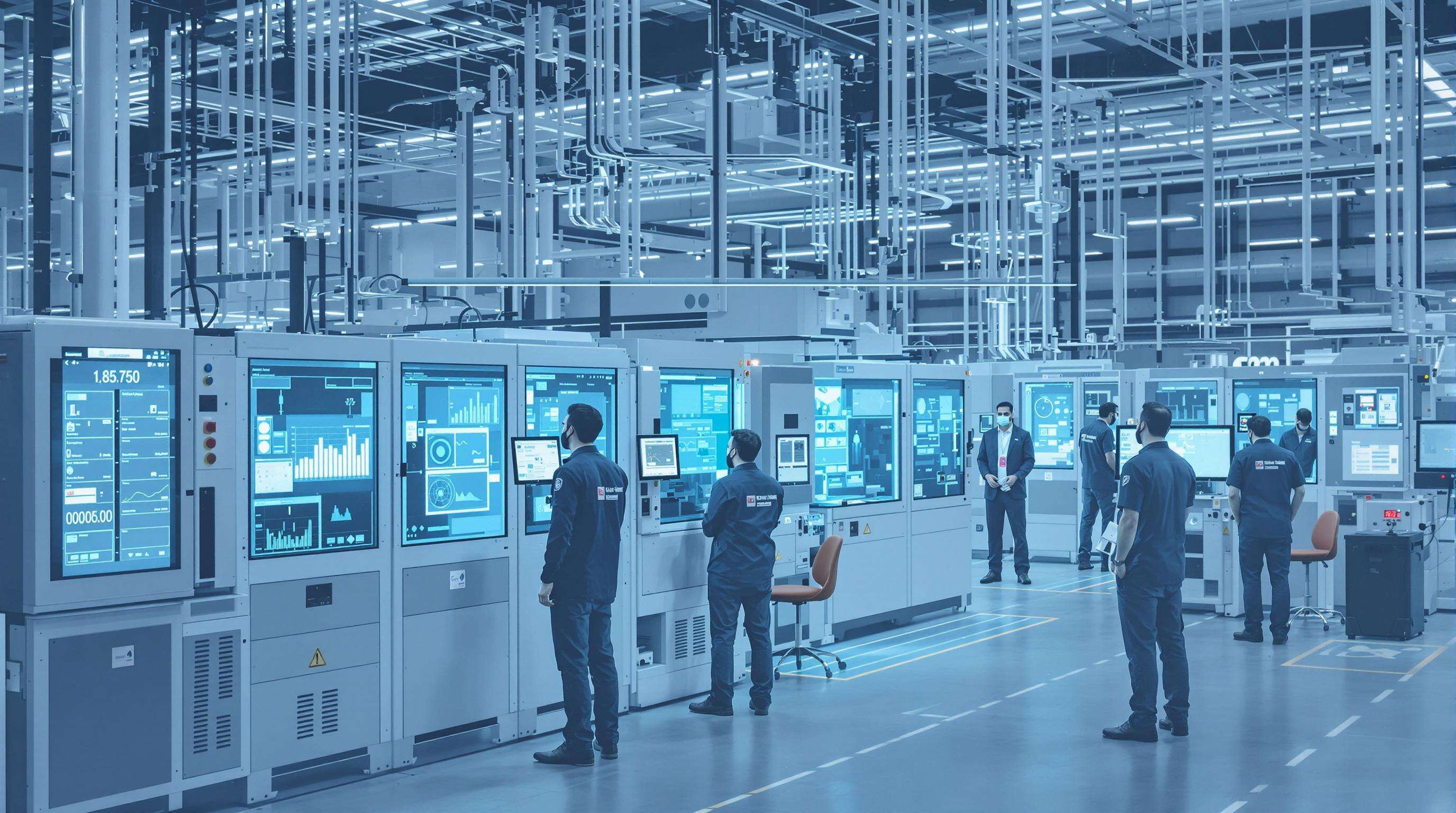 Modern factory with networked fiber laser machines and engineers overseeing digital traceability systems.
