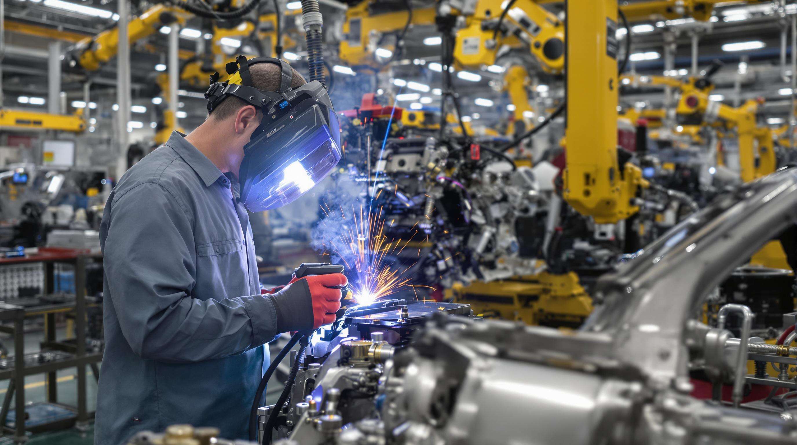 Technician laser welding engine components on automotive assembly line surrounded by robotic arms