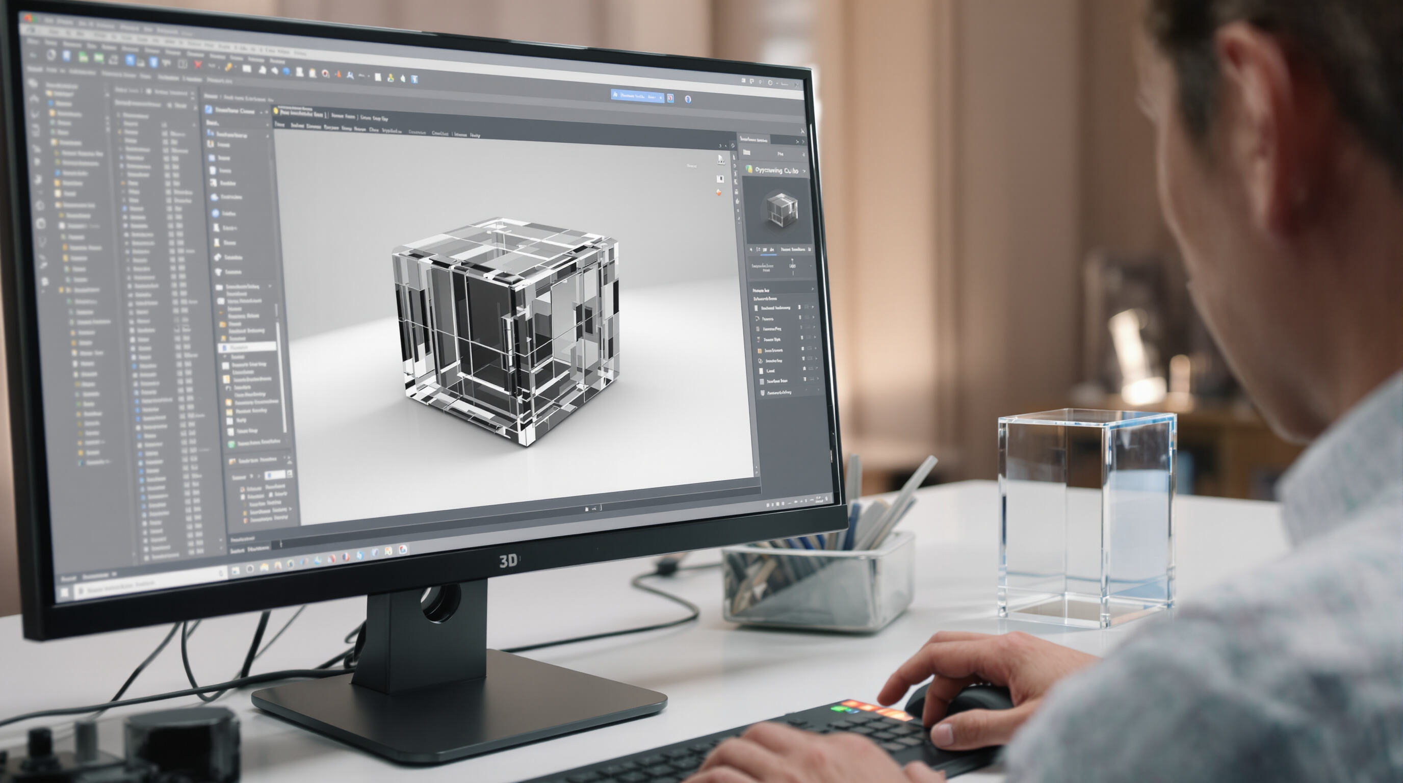 Photo of a designer converting a grayscale image to a 3D crystal model on a computer, with a physical crystal cube displaying engraved depth effects