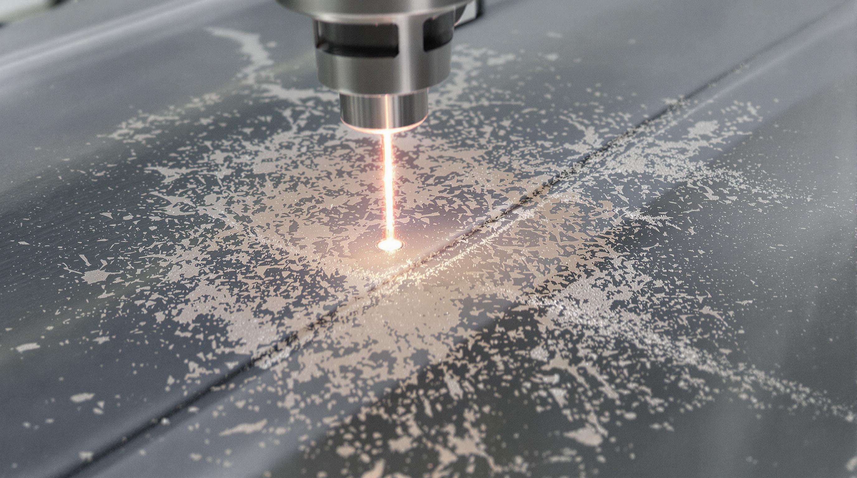 Portable laser cleaner removing grime from metal with focused laser beam