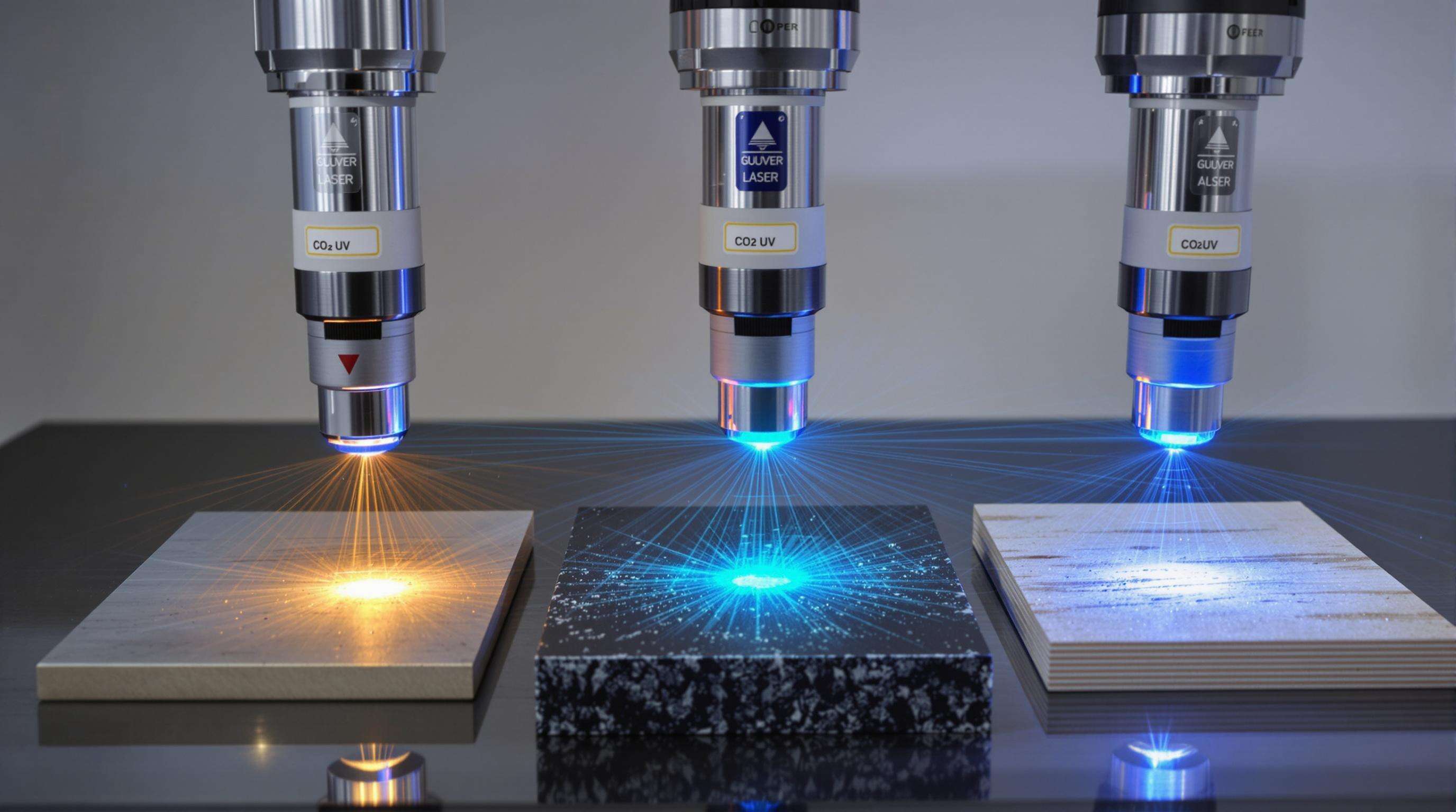 Three types of industrial laser heads marking different materials with visible wavelength interactions