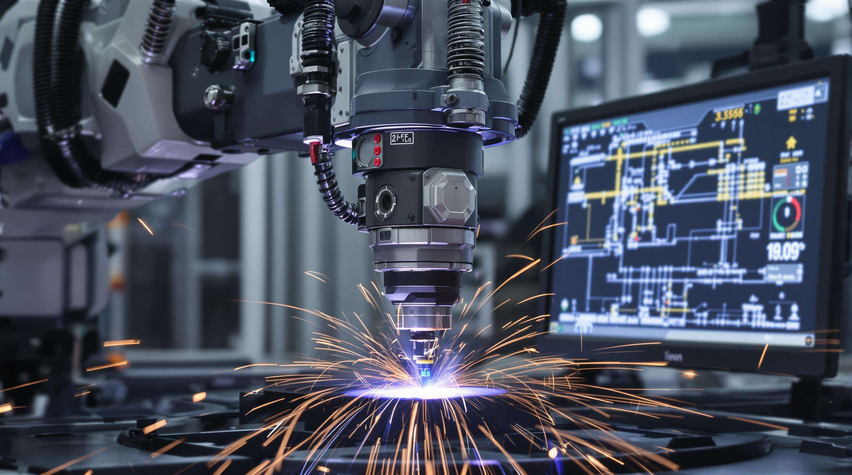 Close-up of smart robotic laser welding system with sensors and live monitoring equipment