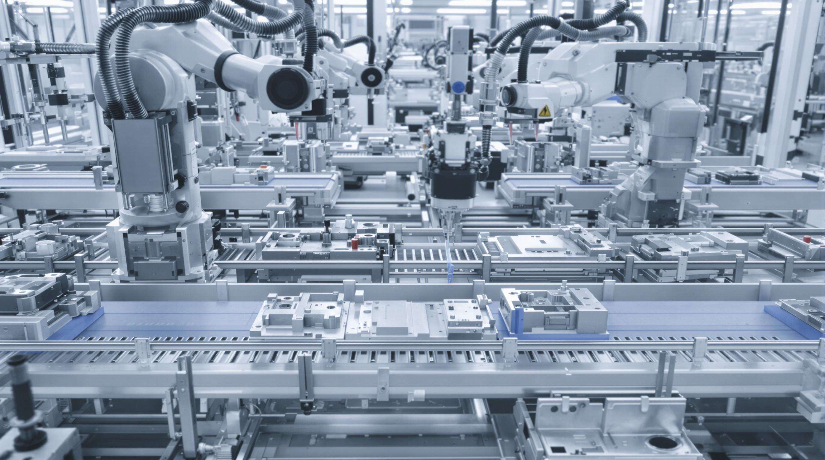 Automated production line with robotic arms and laser marking systems engraving parts at high speed