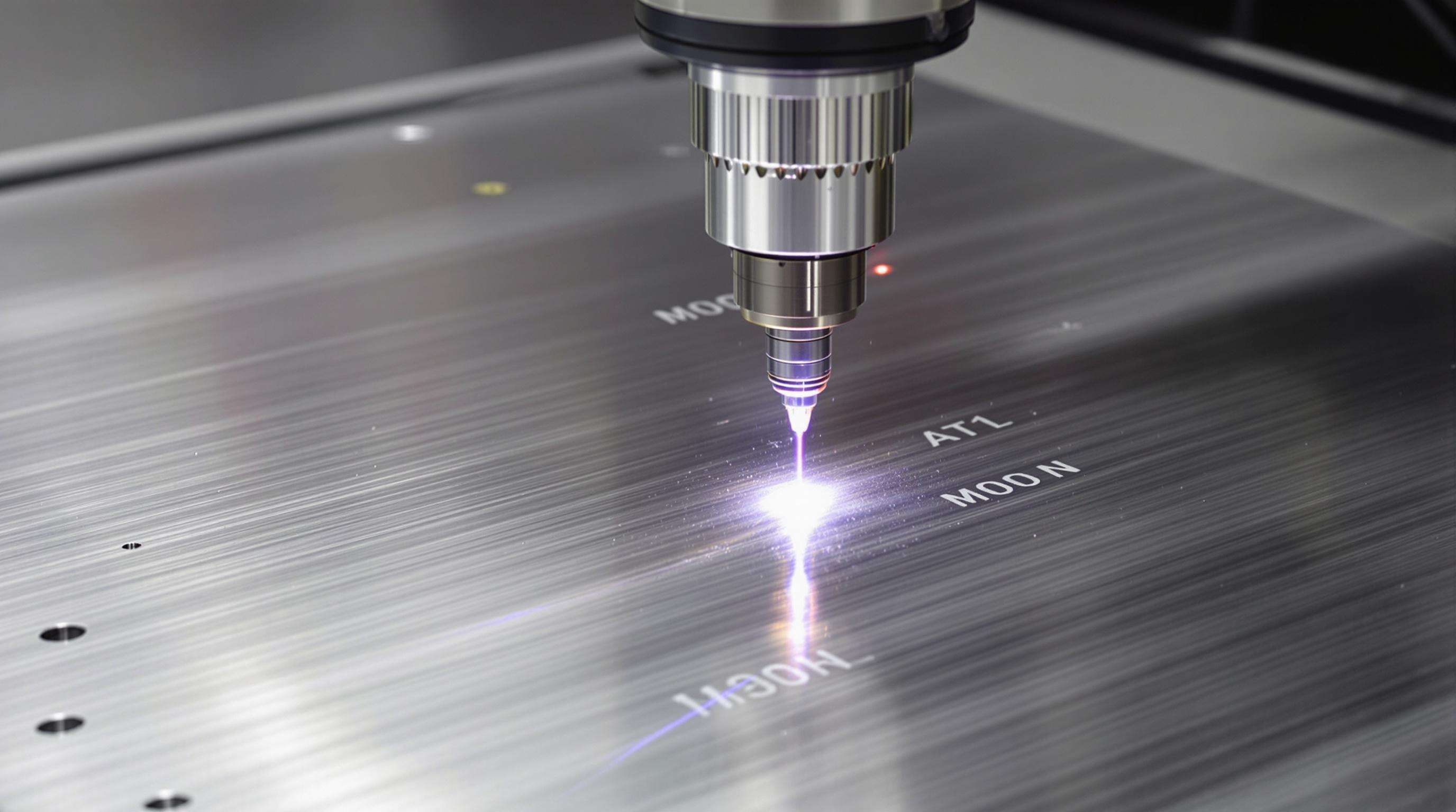Industrial fiber laser engraving a stainless steel plate showing precise localized marking.