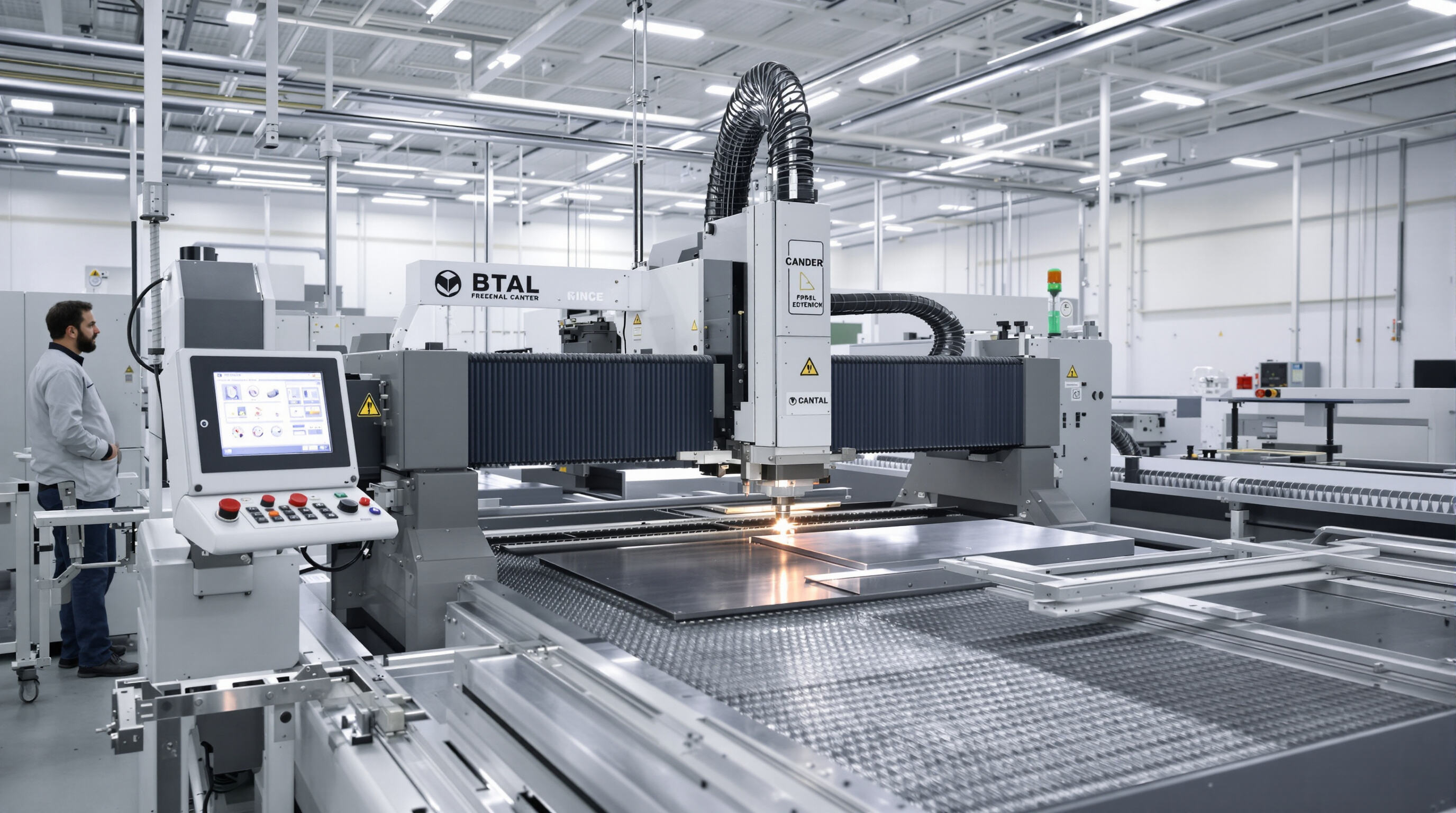 Photorealistic scene of an engineer overseeing a laser cutting machine producing a metal prototype in a clean factory.