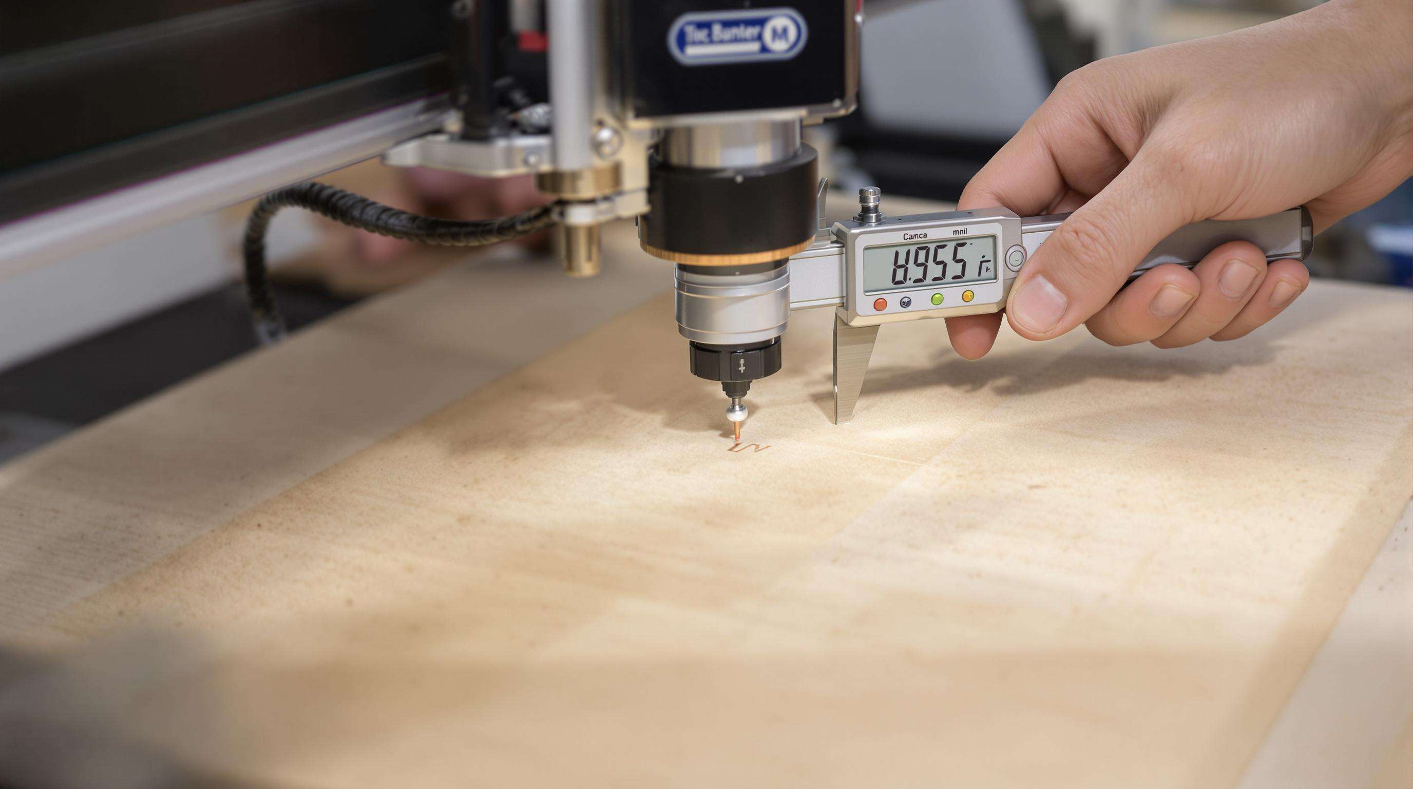 Technician adjusting the lens of a mini laser engraver using a digital caliper