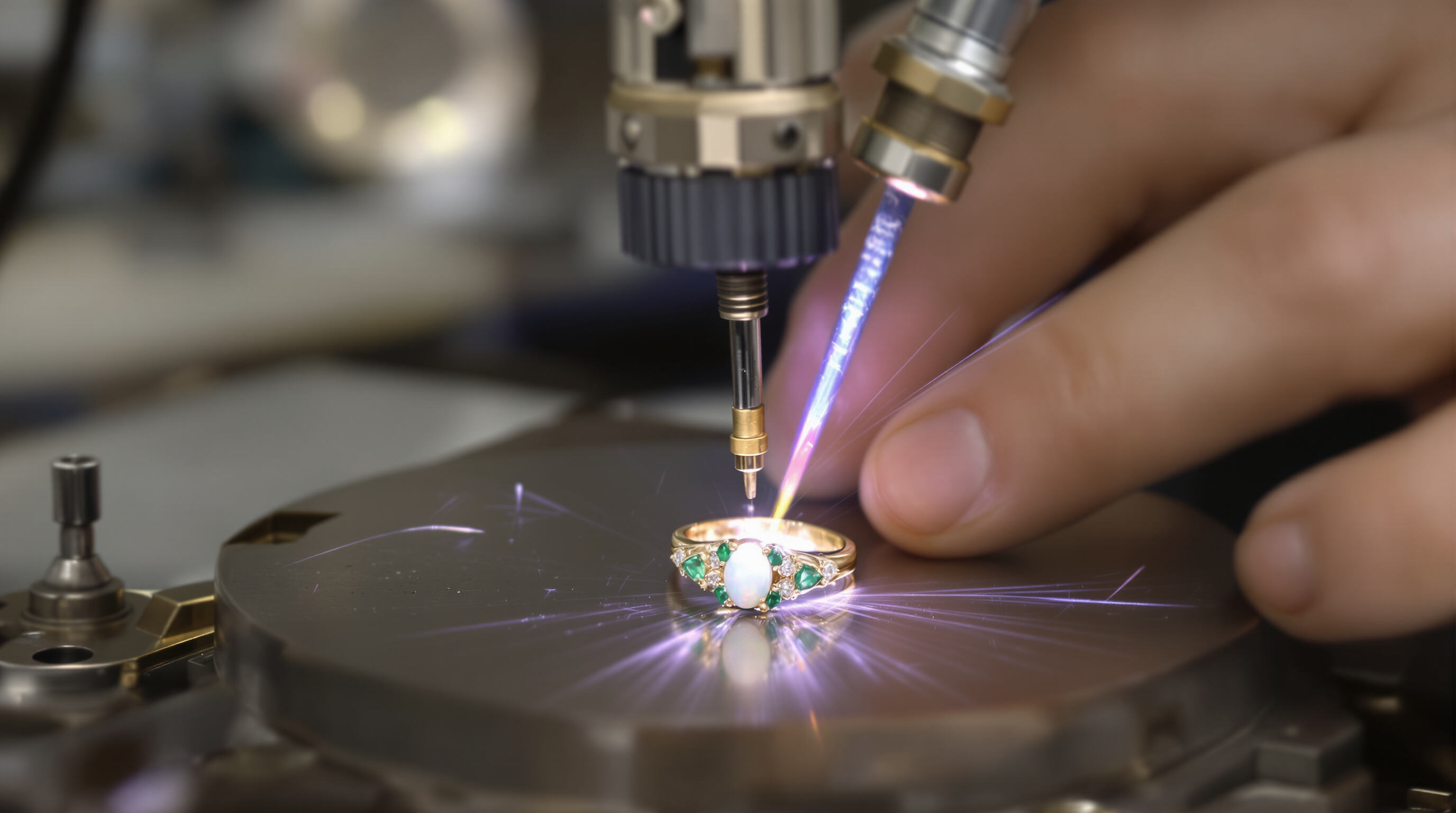 Jeweler using a laser spot welder on a gemstone-set gold ring, showing detail and care in a muted workshop environment