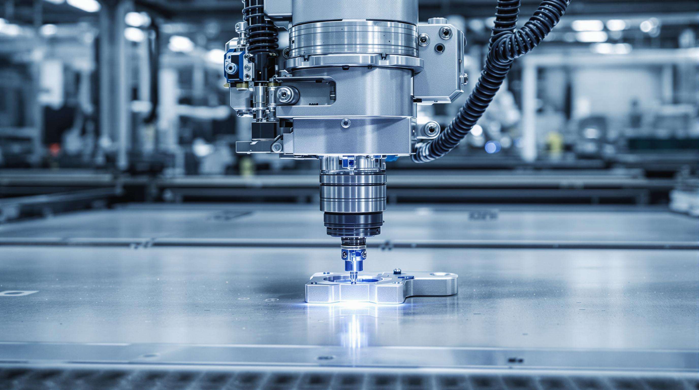 Robotic arm operating CNC laser engraver on a metal component in a factory setting
