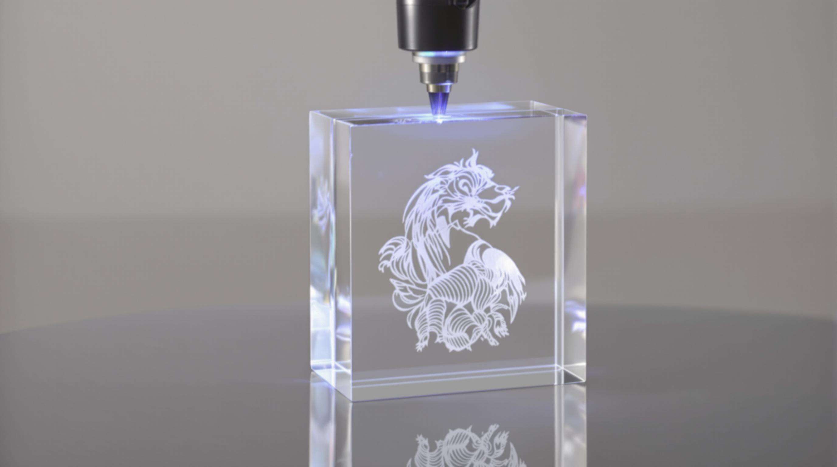 Laser engraving a 3D image inside a clear crystal block