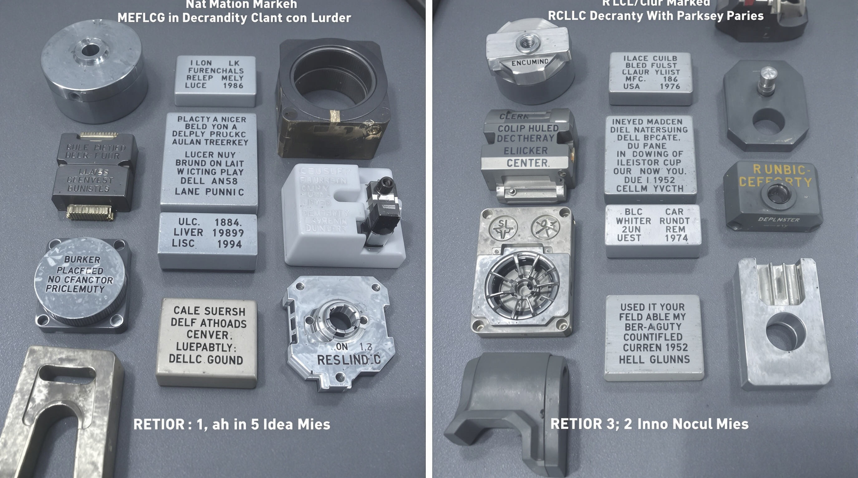Photorealistic image comparing durability and precision of fiber and CO2 laser marks on various industrial components.
