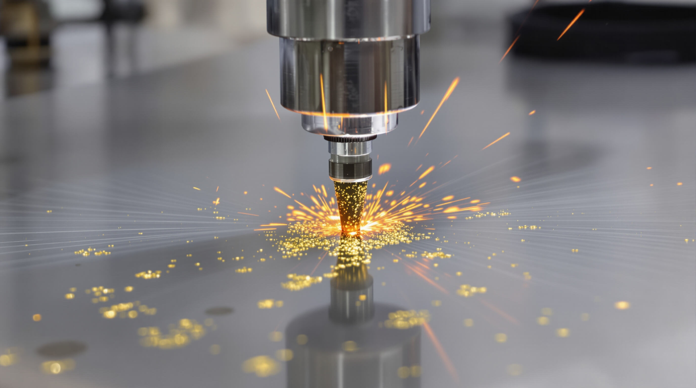Close-up of fiber laser creating heat spots and oxide layers on metal surface in lab
