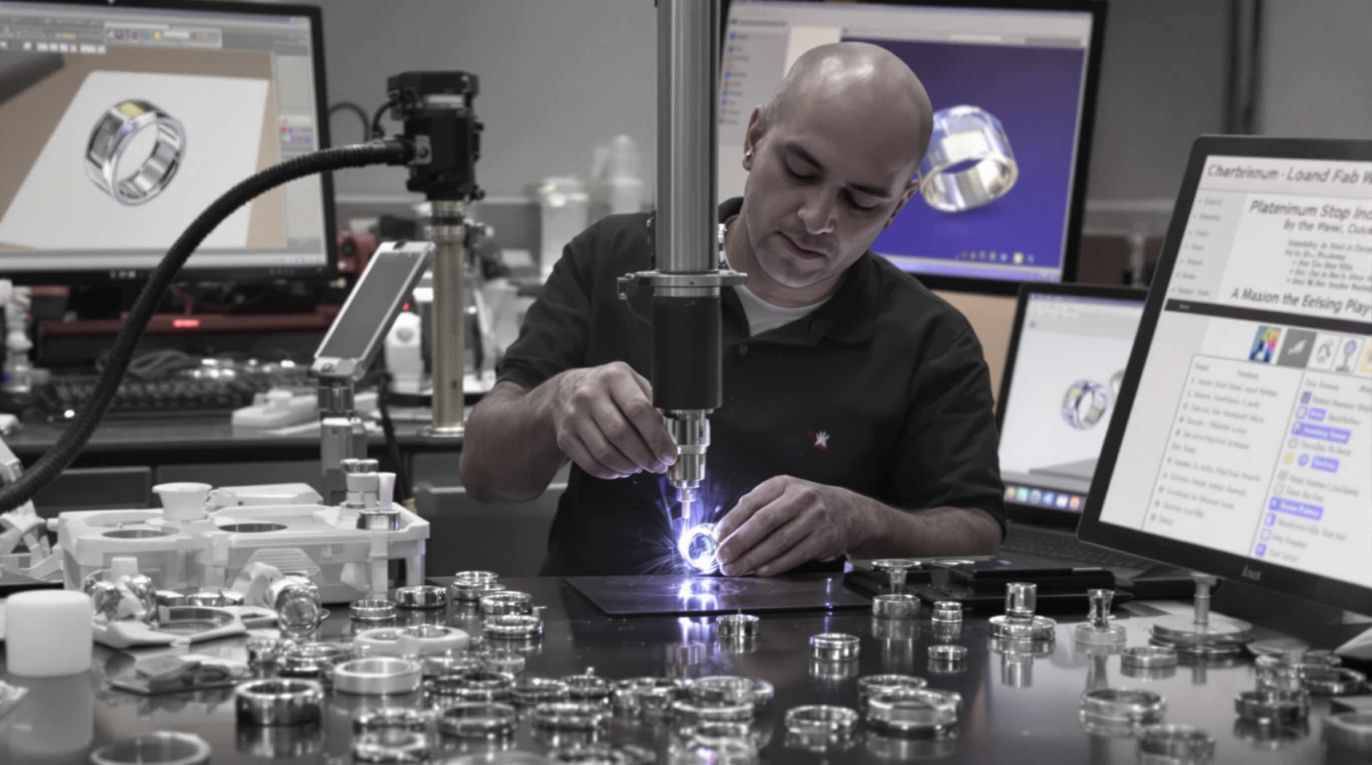 Craftsman using laser technology to resize and customize platinum rings with digital design tools nearby