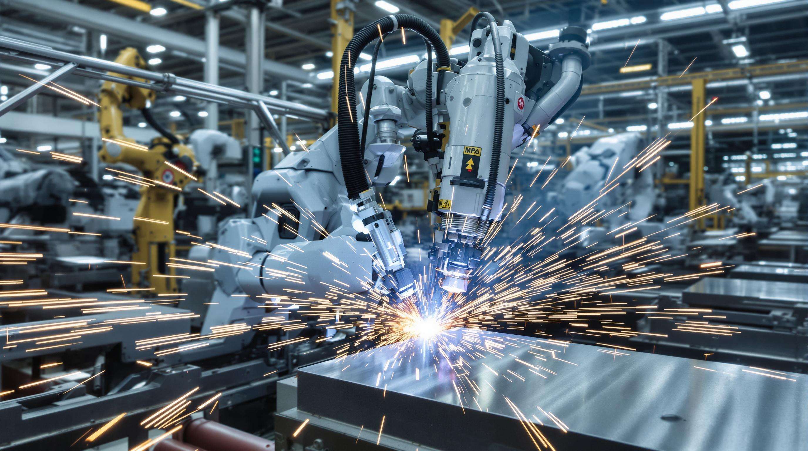 Automated welding robot rapidly joining metal sheets in a high-tech automotive factory setting