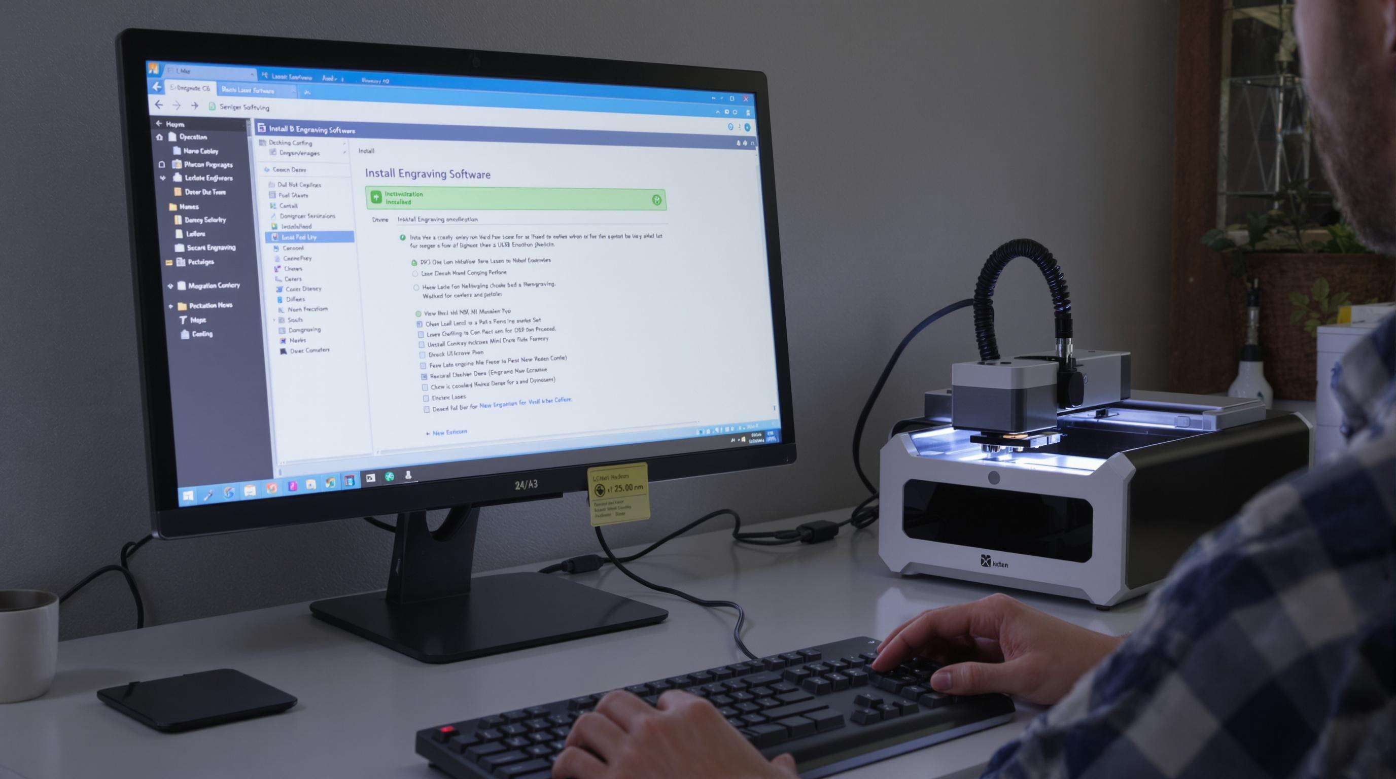 Person installing engraving software on a computer connected to a mini laser engraving machine