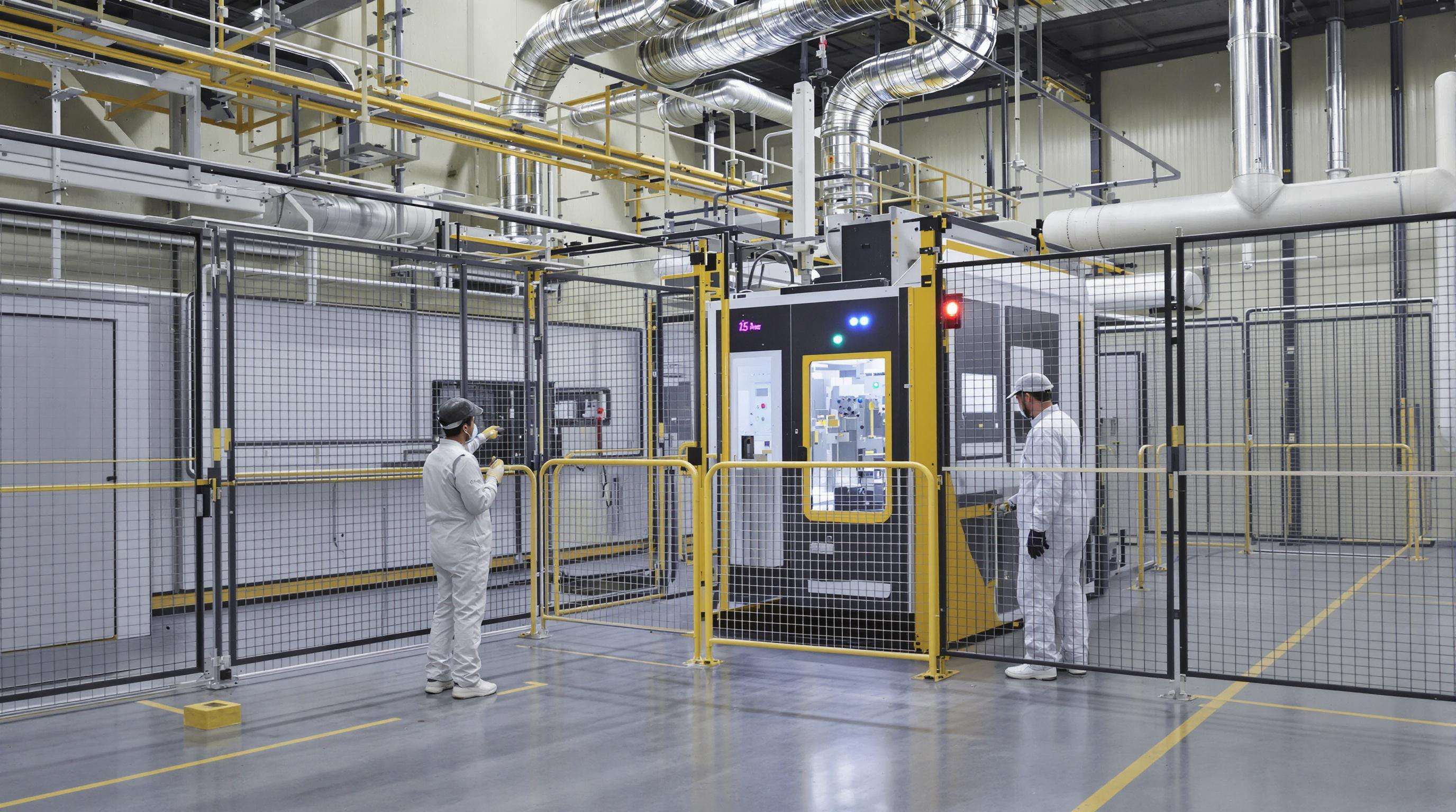 Protected industrial area showing a technician inspecting a 3000W laser cleaner behind safety barriers with visible ventilation systems