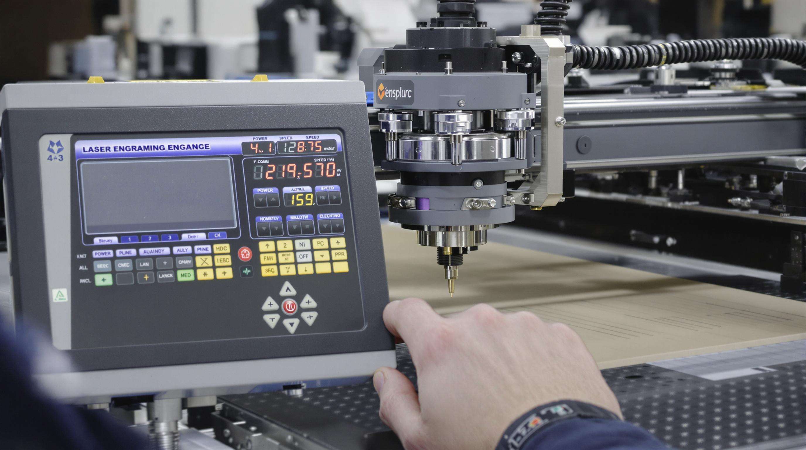 Operator adjusting CNC laser engraver settings with detail on control panel and engraved workpiece