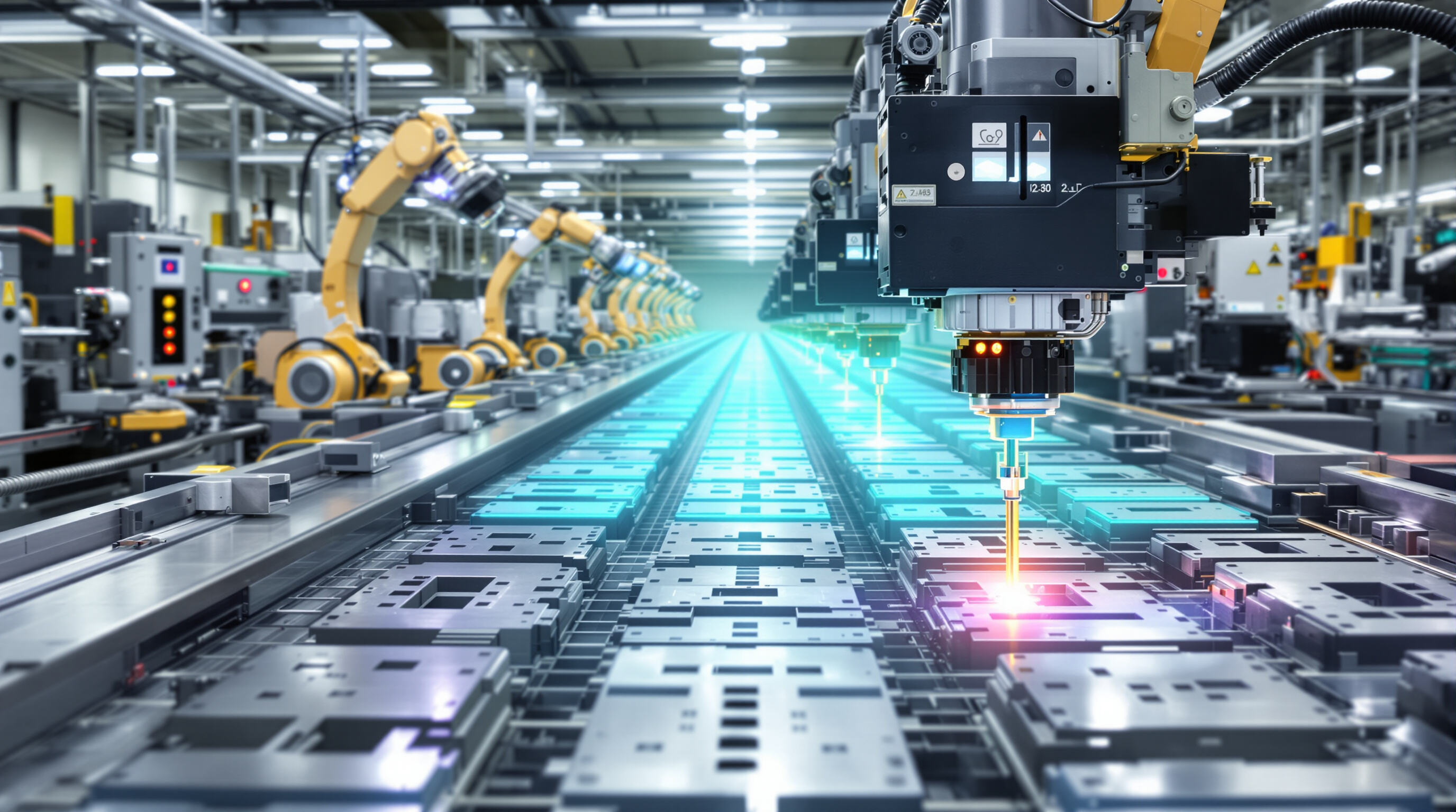 Photorealistic image showing automated robotics and sensors conducting quality checks on laser-cut metal pieces in a modern factory.