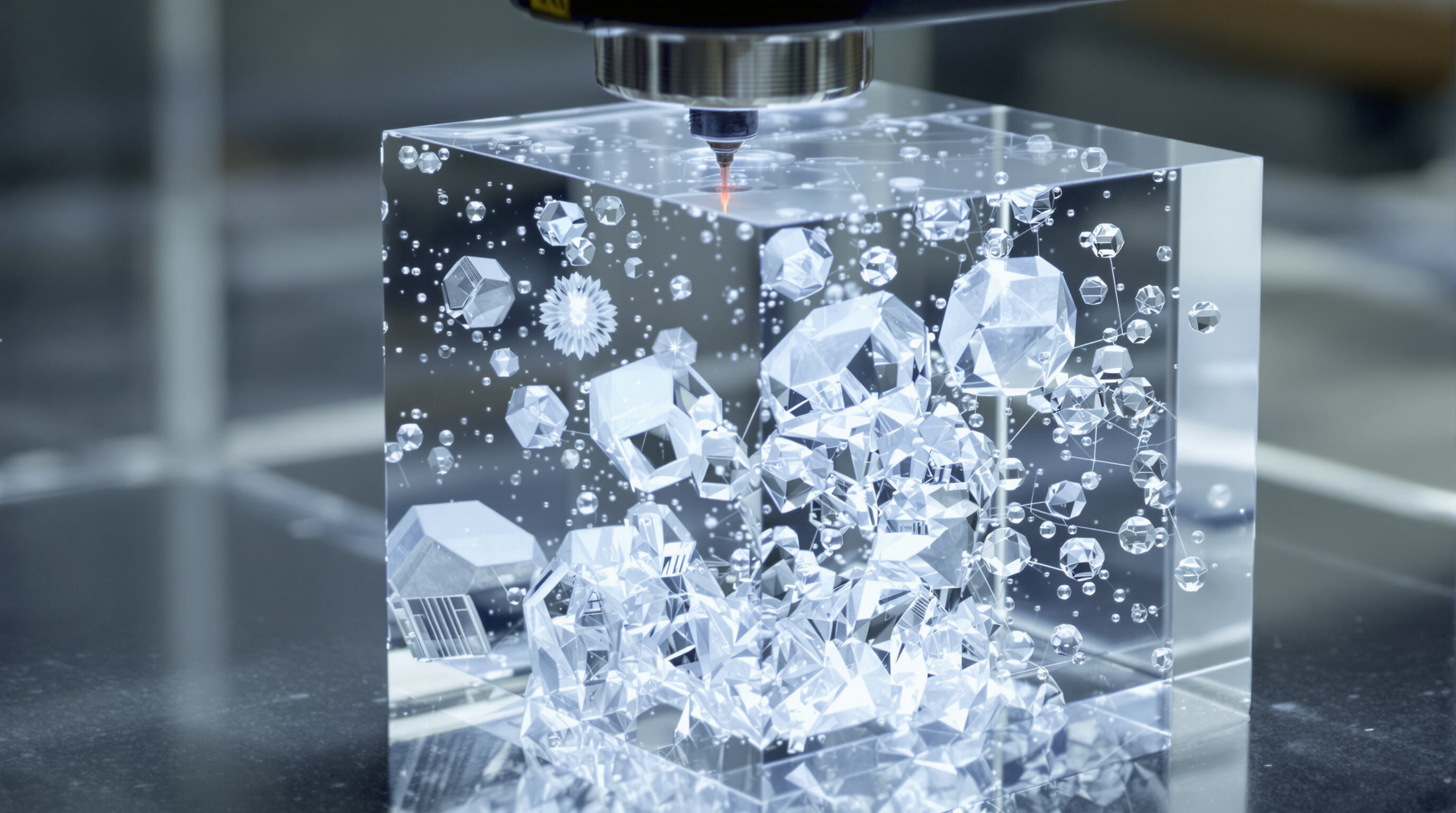 Photo-realistic close-up of a transparent crystal cube being engraved by lasers, highlighting intricate patterns formed inside and scattered light