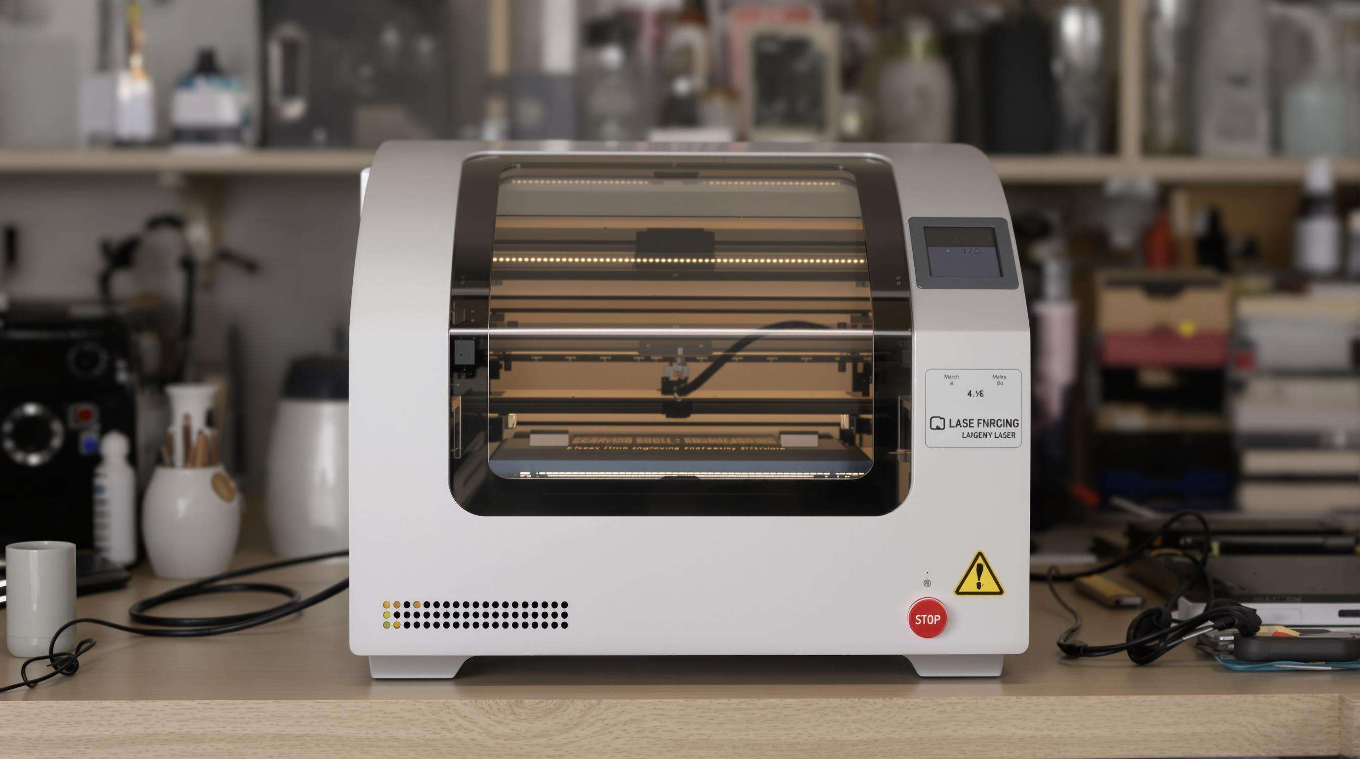 Beginner laser engraving machine with enclosed safety cover and touchscreen on a home workbench
