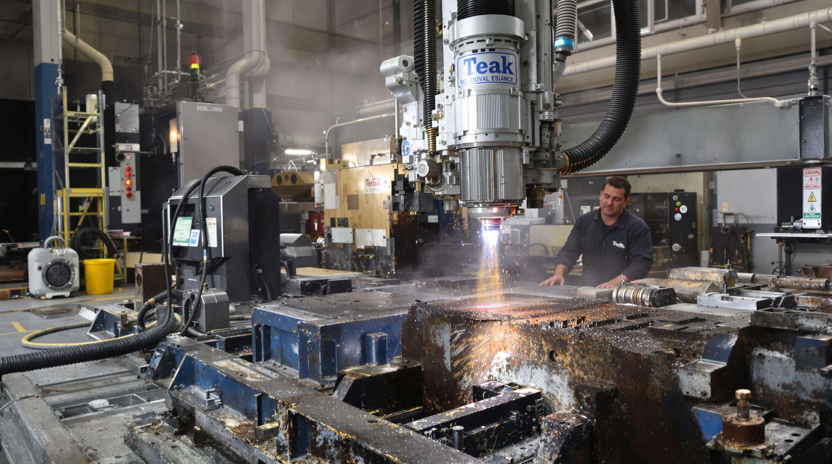 Worker operating a 3000W laser cleaning machine removing tough rust from large steel components in a factory setting