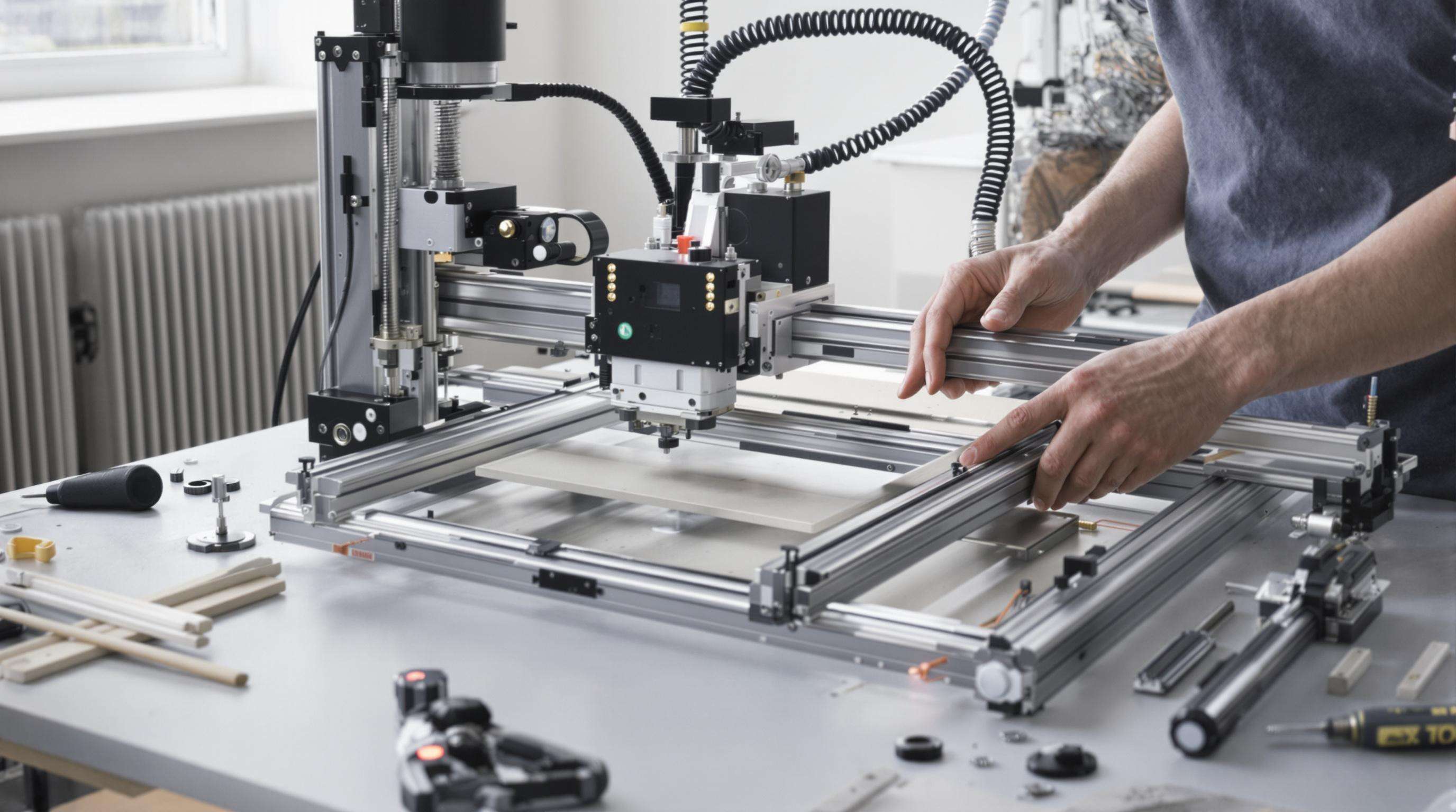 Person assembling a laser engraver on a ventilated desk, focusing on frame and laser module setup