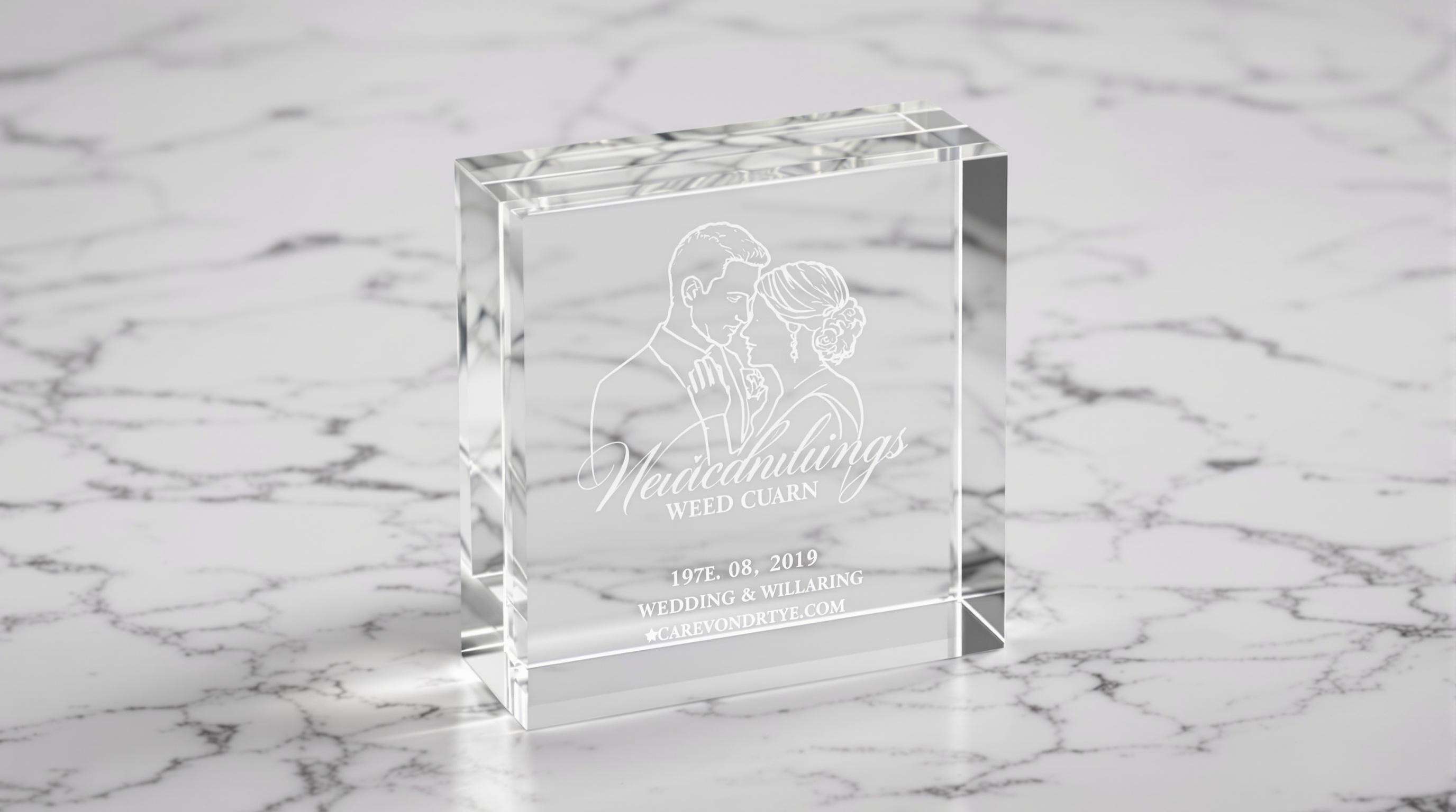 Photorealistic engraved crystal wedding portrait keepsake on marble surface