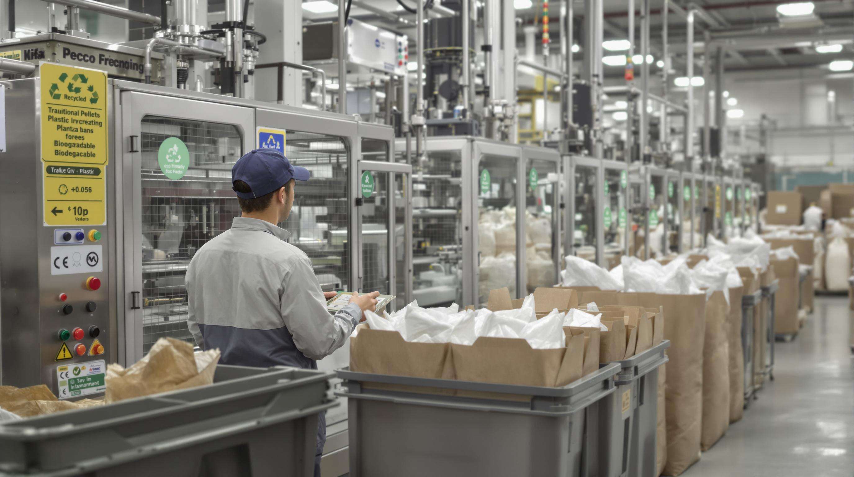 Realistic image of a packaging factory line processing plastic and eco-materials with a technician monitoring machinery