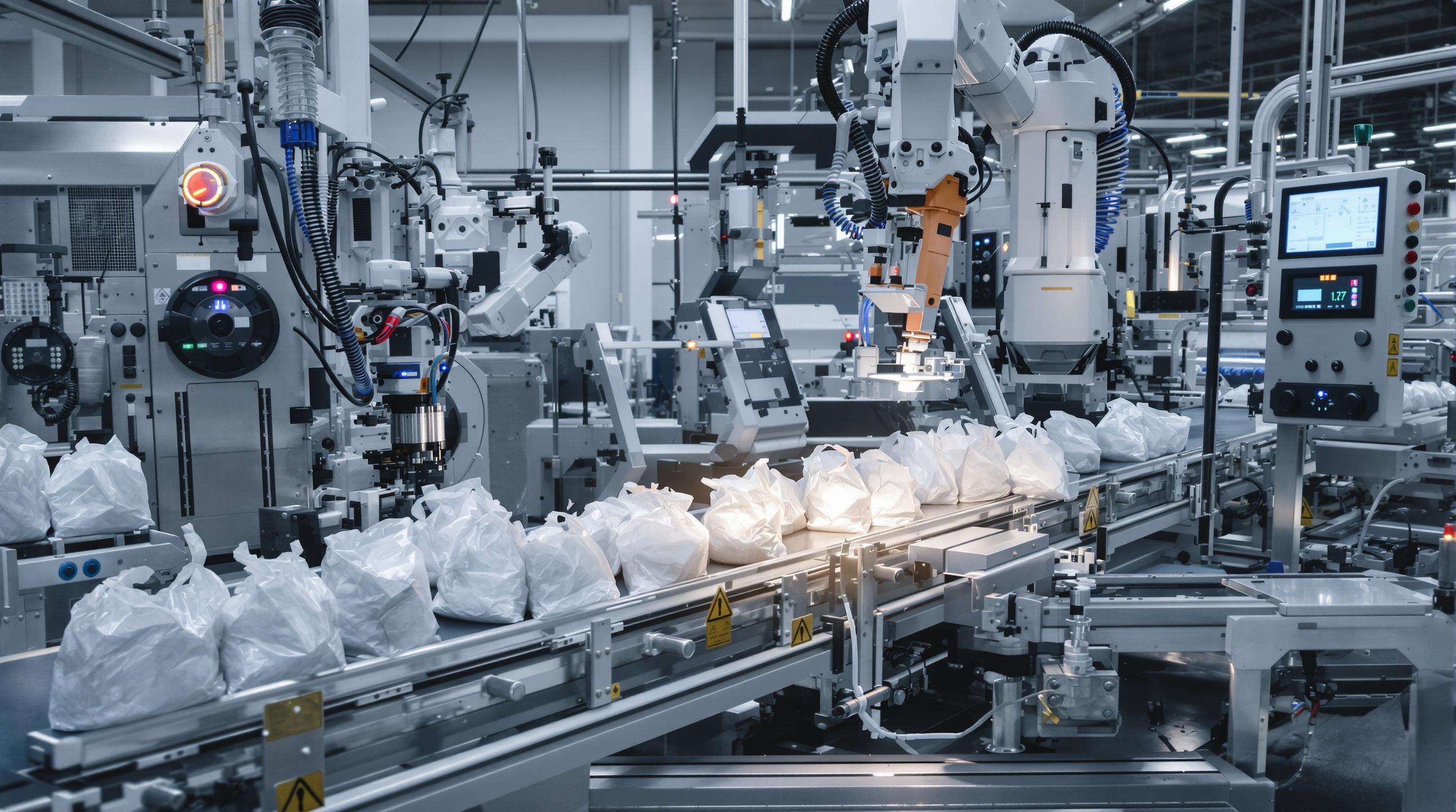 Photorealistic scene showing an automated plastic bag making machine with robotic arms and cameras inspecting bags on a conveyor belt
