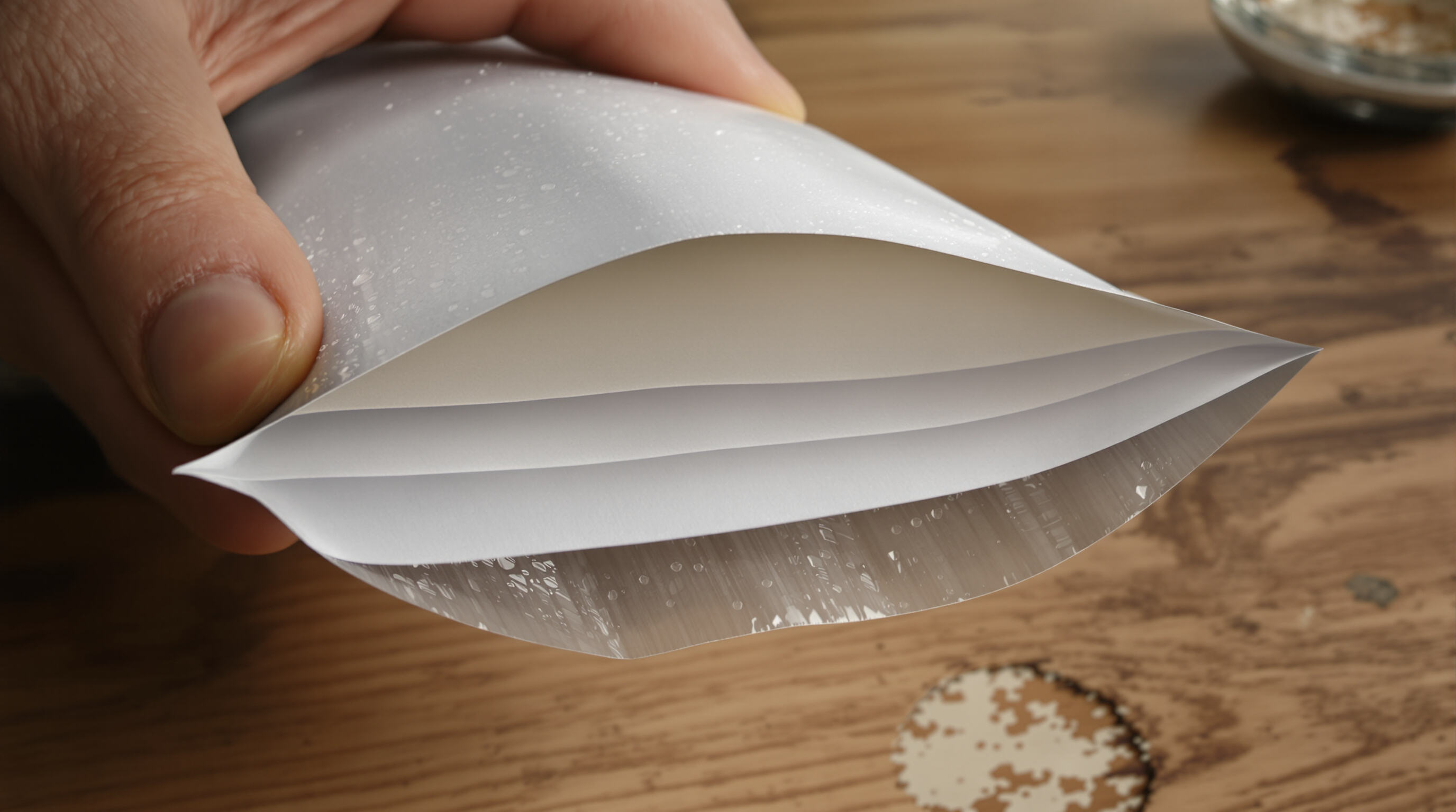 Close-up of a cross-section of a laminated paper bag in a hand showing protective layers and water resistance