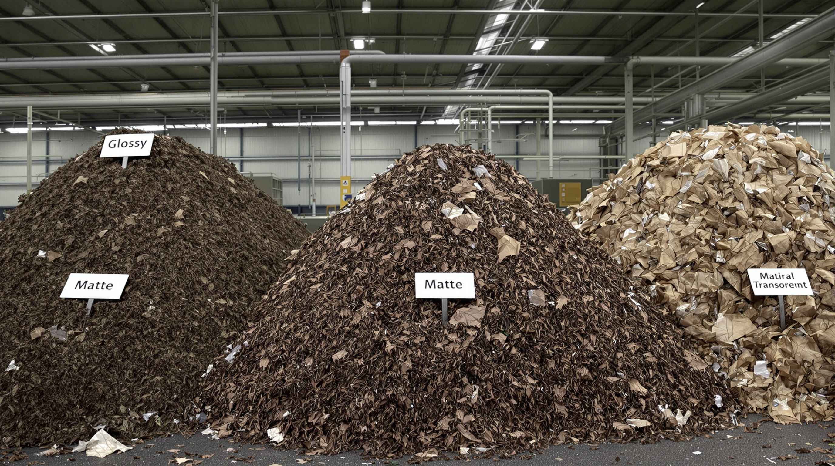 Industrial composting piles with paper bags showing different levels of decomposition exemplifying compostability
