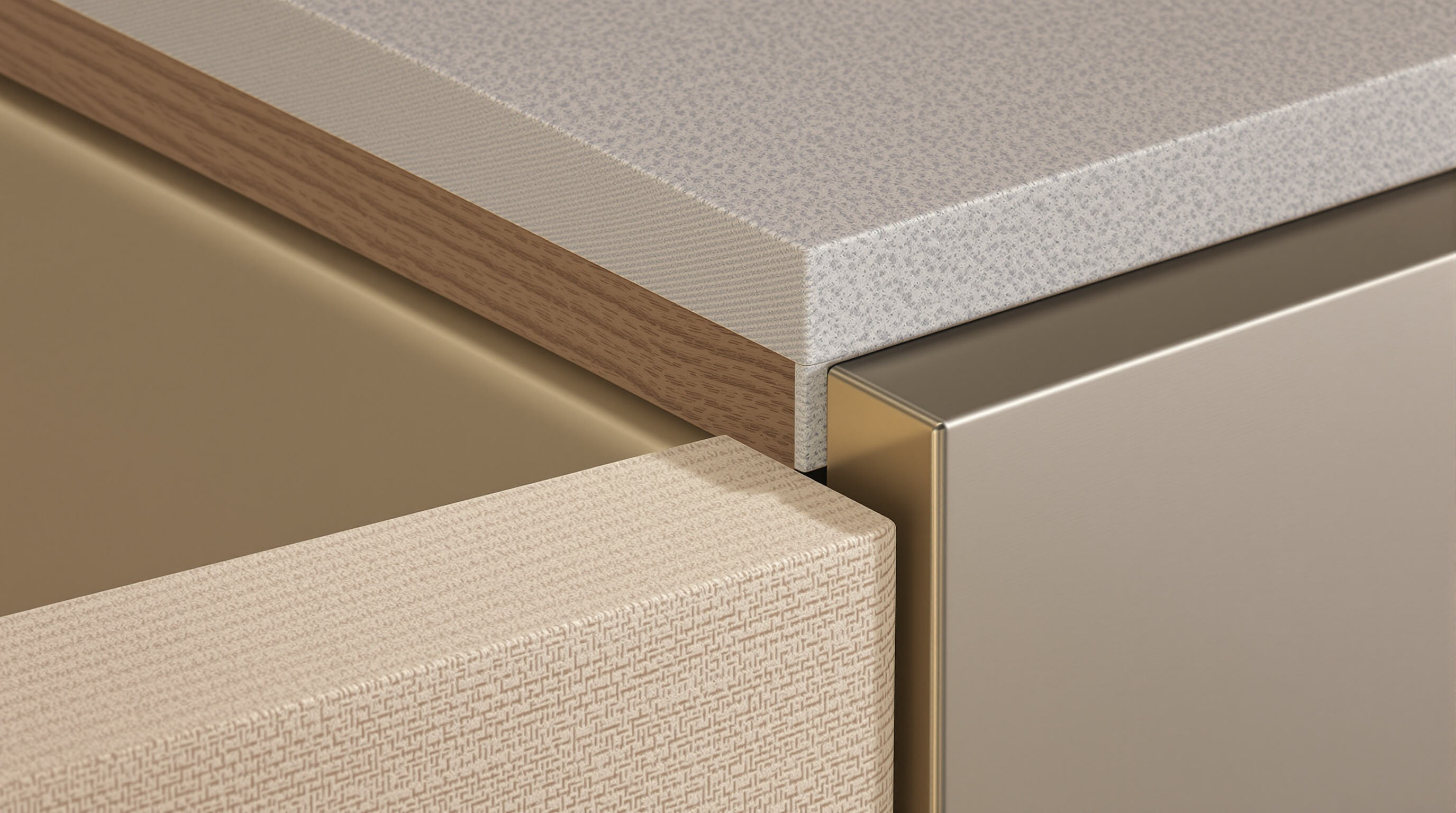 Detail of hotel furniture materials including wood, composites, and metallic finishes.
