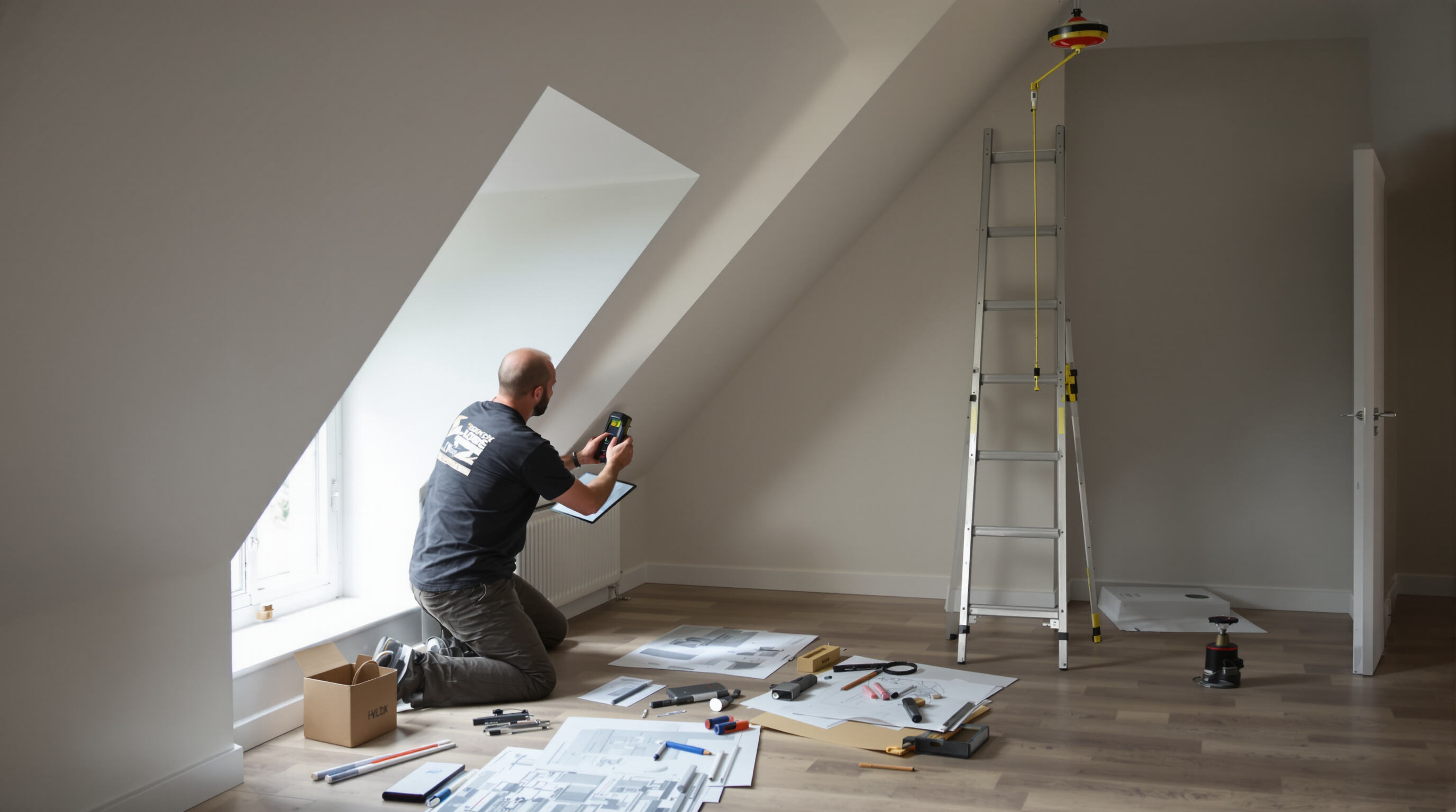 A craftsman uses laser measuring tools and a tablet with a 3D model in a room with slanted ceilings and unusual windows