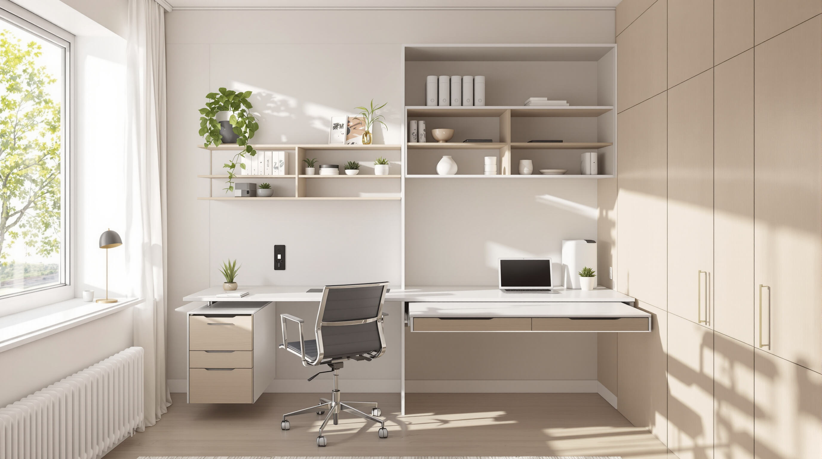 Bespoke ergonomic furniture with modular shelving, adjustable chair, and a retractable desk in a softly lit apartment