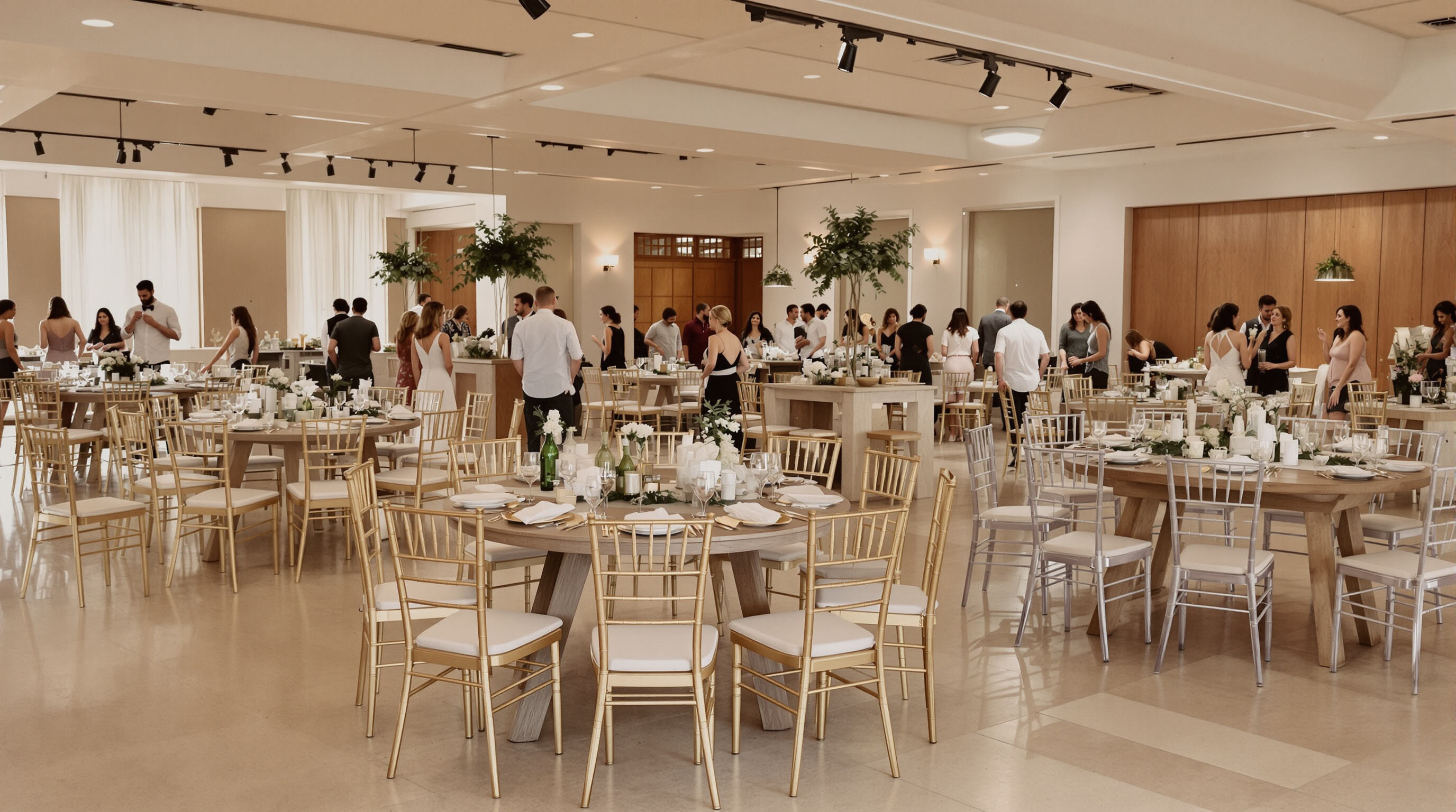 Diverse banquet furniture styles in a large, beautifully decorated hall with guests, showing coordination of aesthetic and formality.