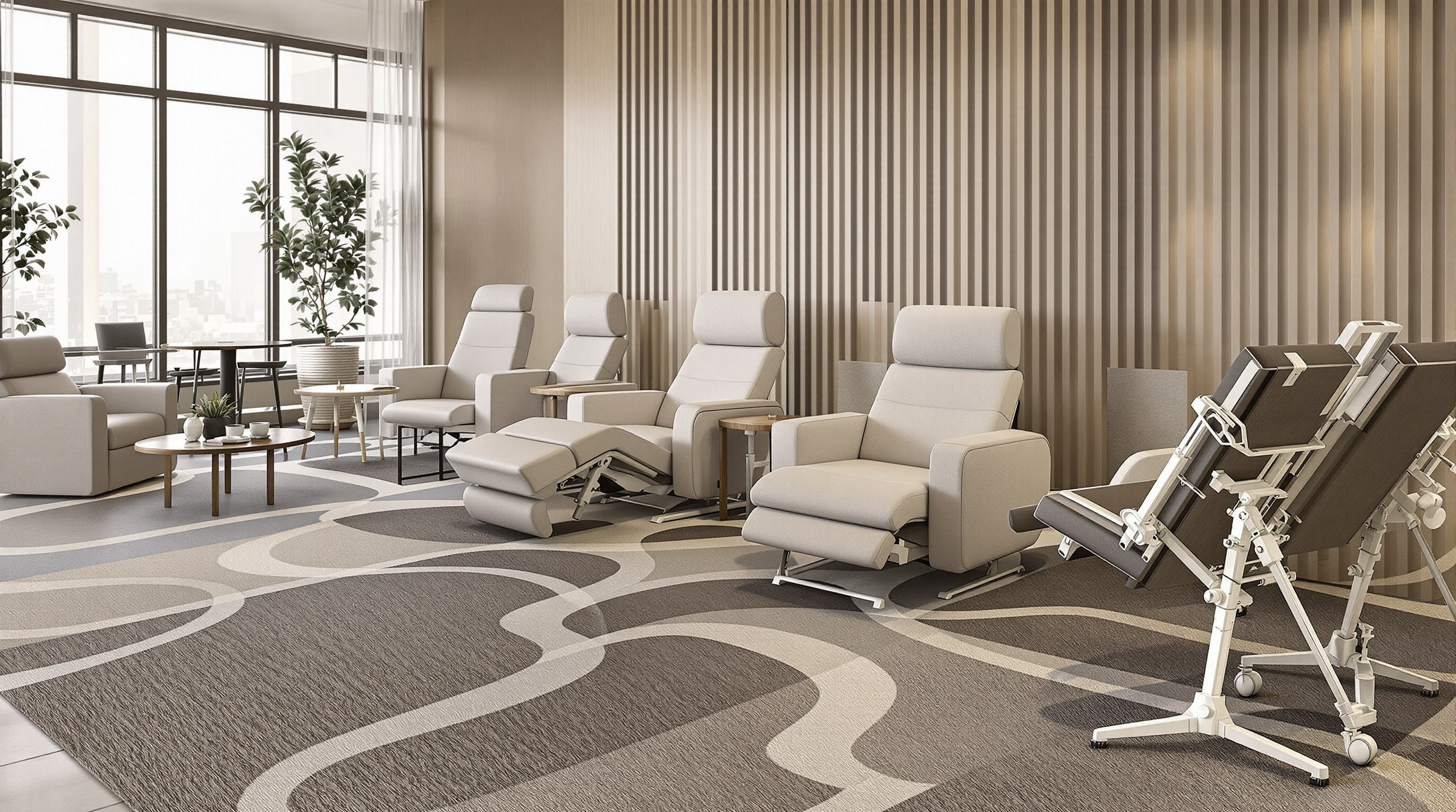 Custom ergonomic lounge chairs in a modern hotel lobby with comfortable seating features.