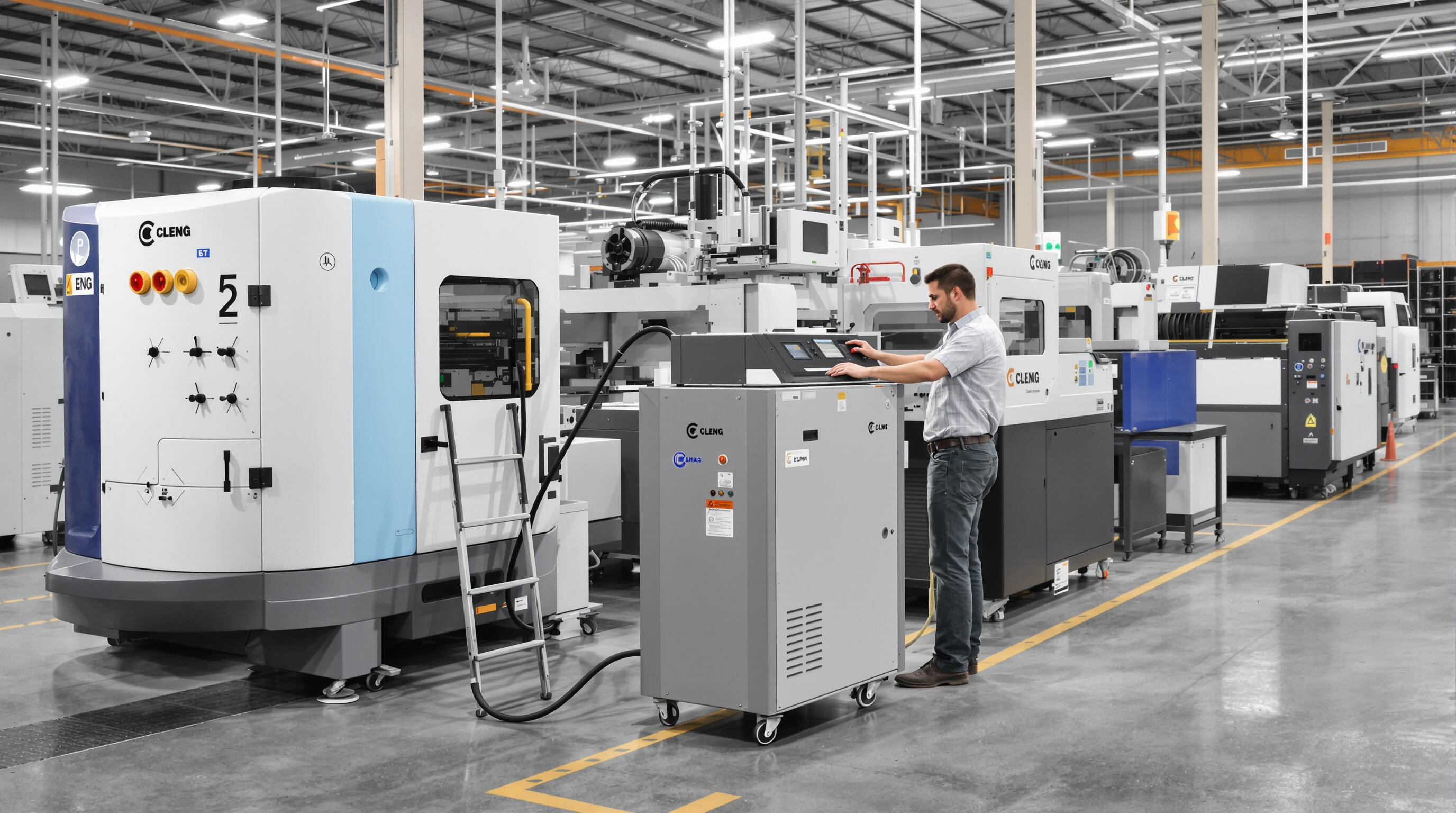 Portable chiller unit servicing industrial equipment in a workshop setting