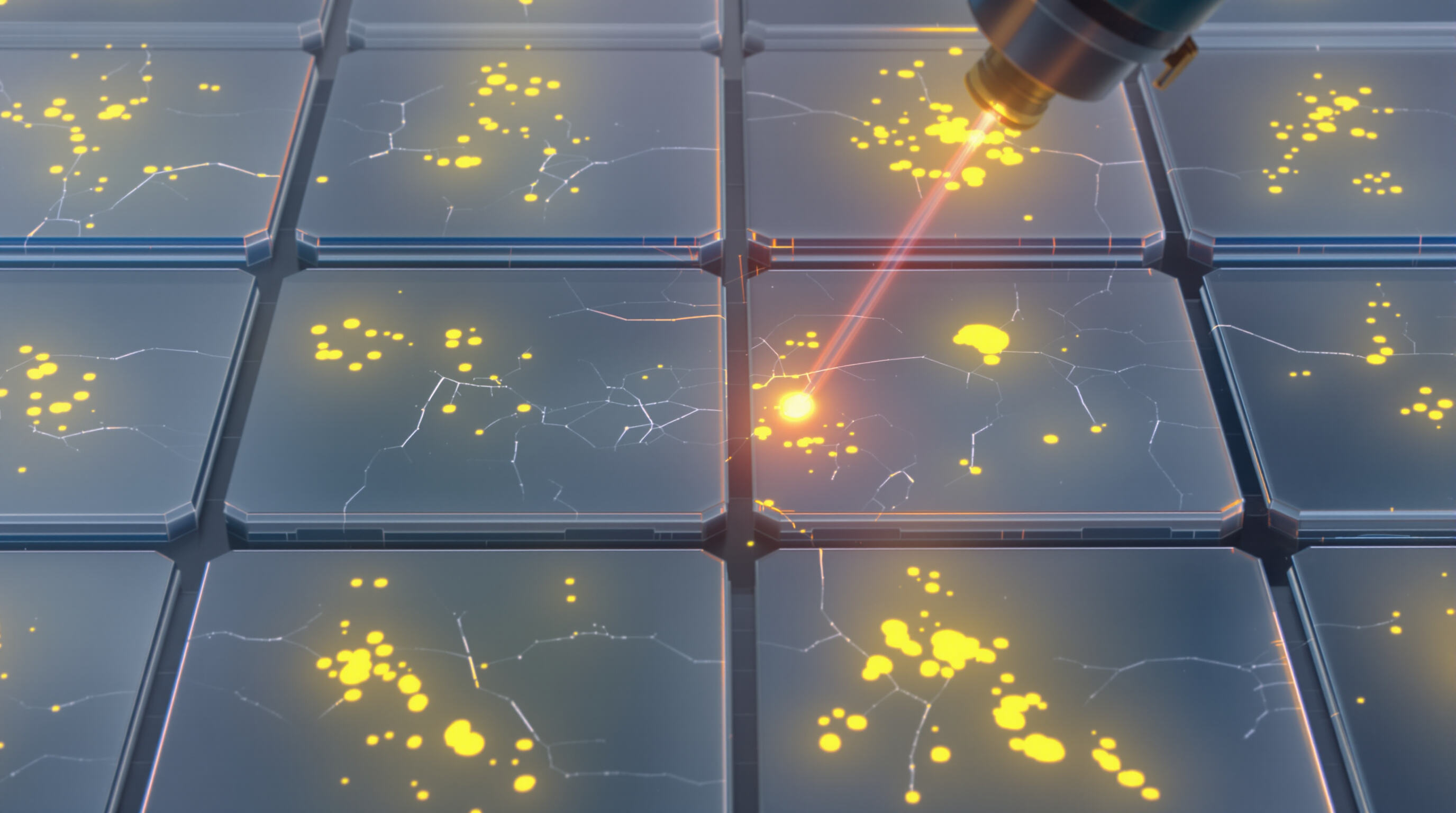 Thin-film solar cells exposed to laser pulses with visible heat spots and microcracks