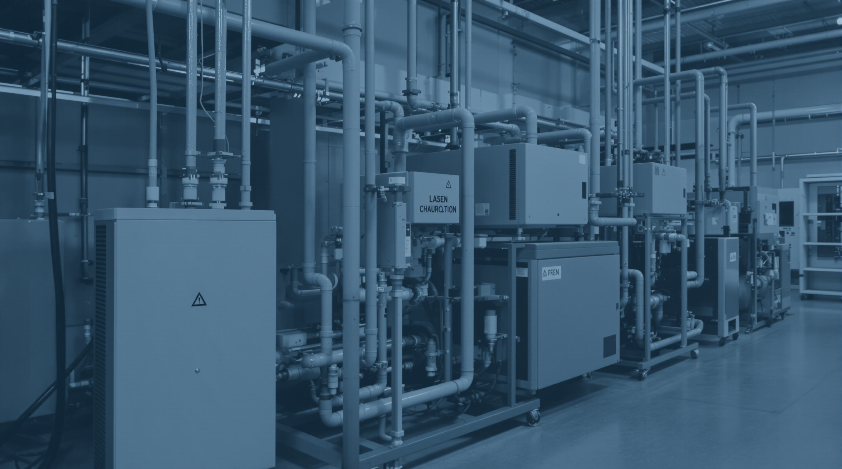Photo of a laser chiller with water cooling pipes and heat exchanger connected to a CO2 laser system in an industrial setting
