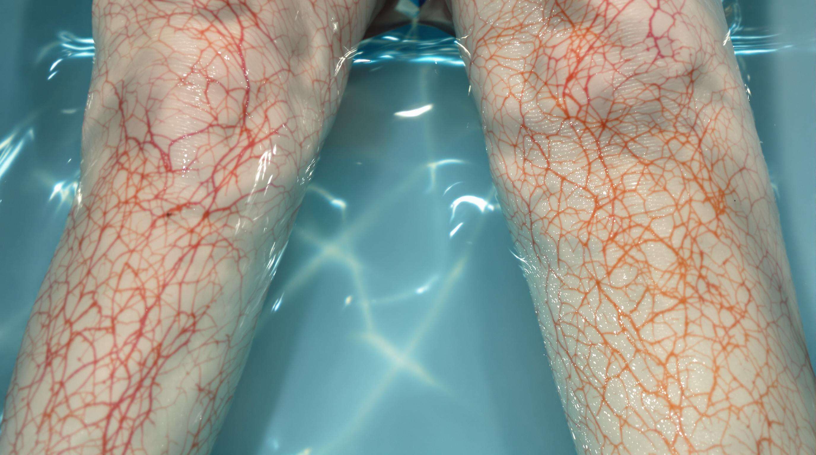 Photorealistic close-up of legs showing change in blood circulation before and after cold-water immersion