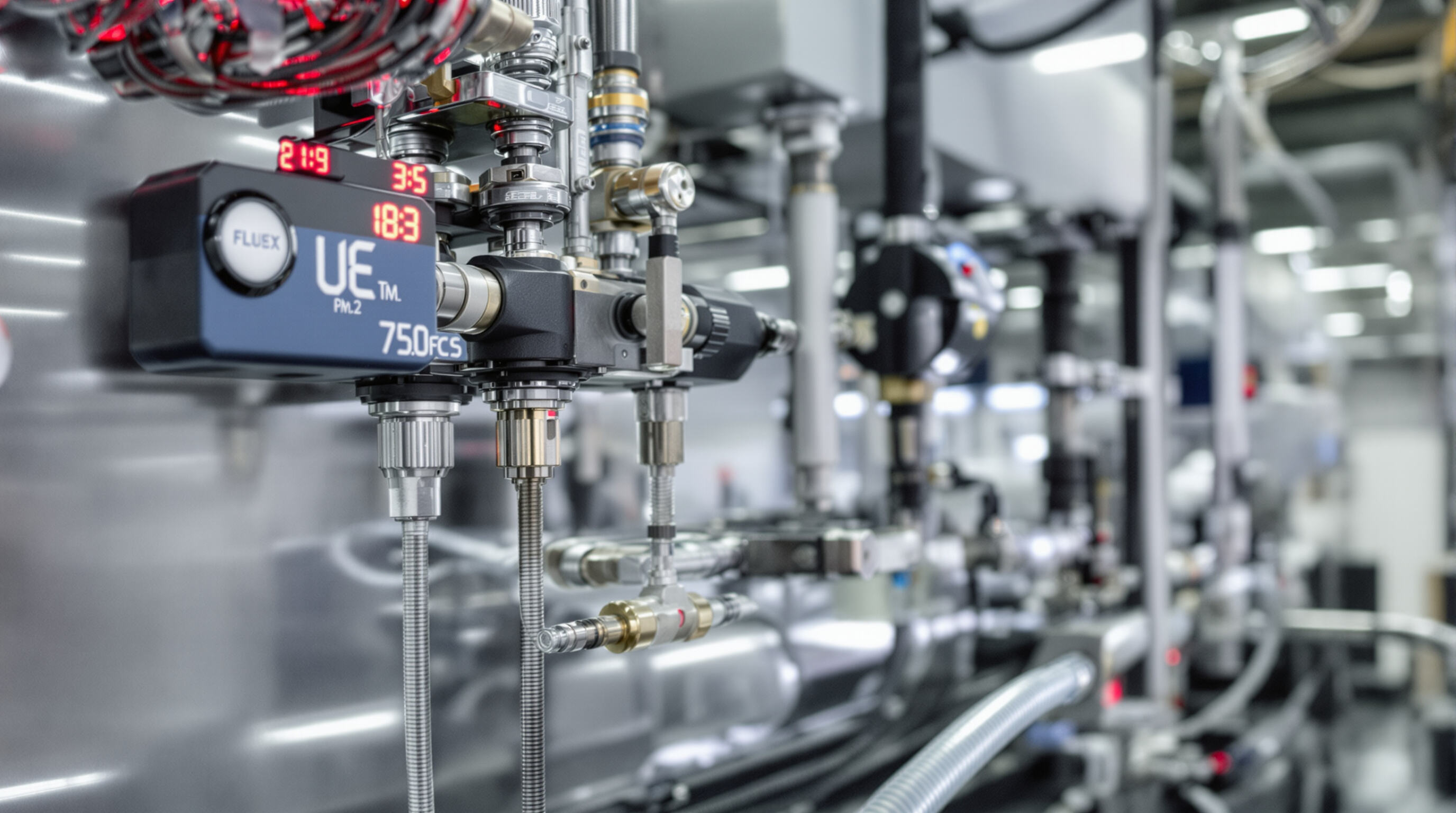 Close-up view of chiller temperature control sensors and coolant lines maintaining precision in an industrial laser lab