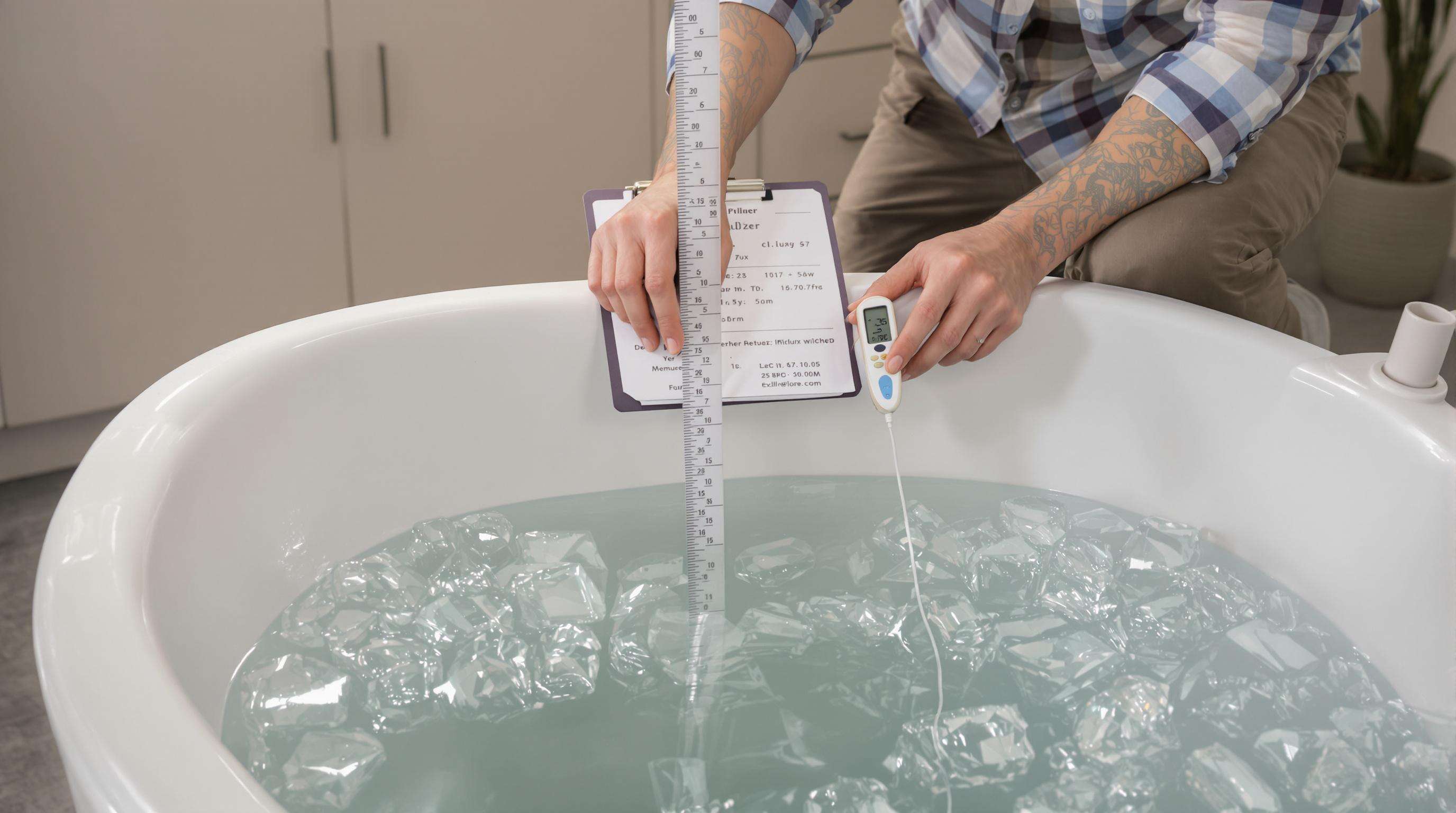 Technician measuring water in an ice plunge tub, preparing to calculate chiller requirements