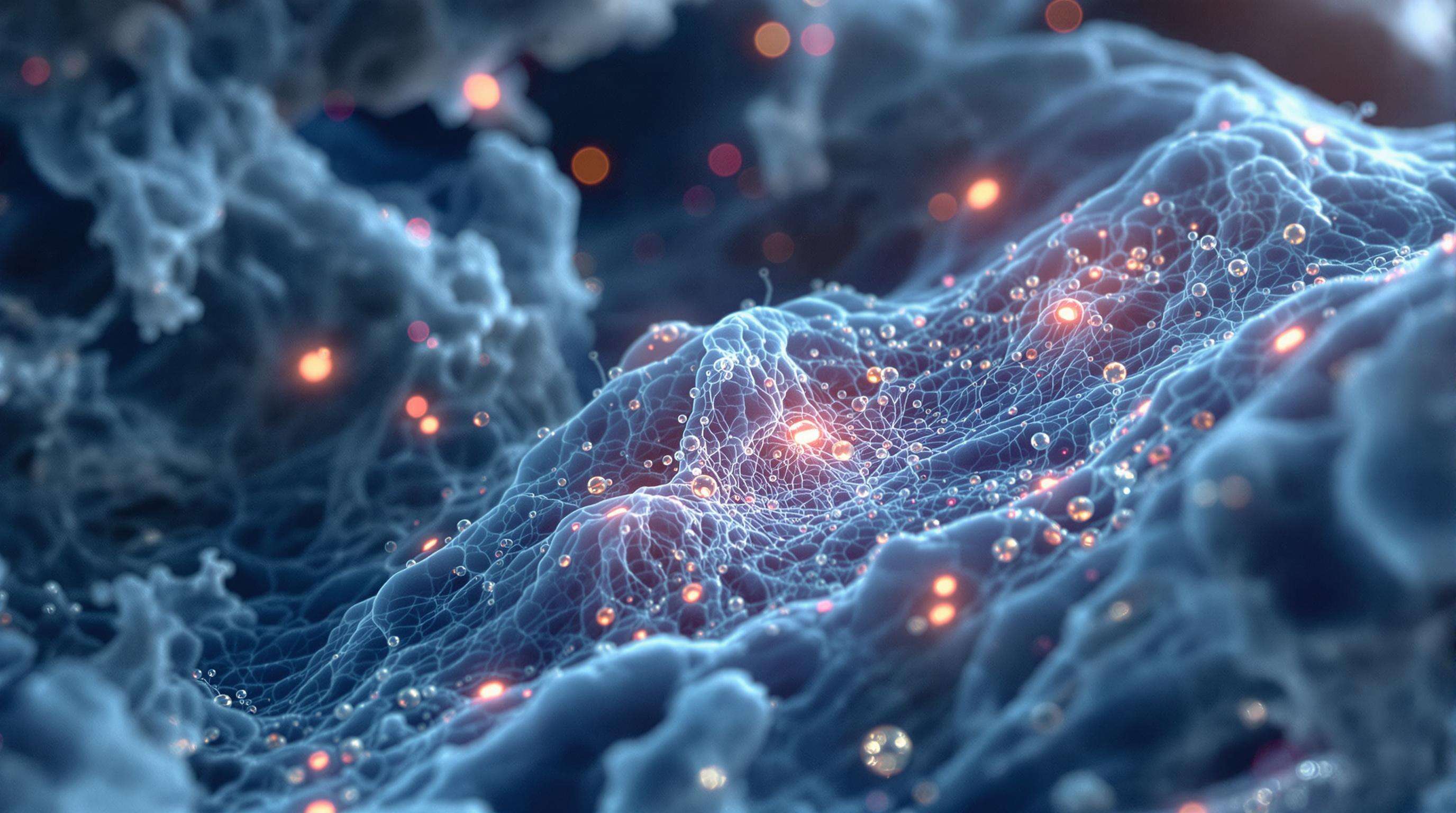 Photorealistic microscopic view of muscle cells showing mitochondria and cellular repair mechanisms during cold exposure