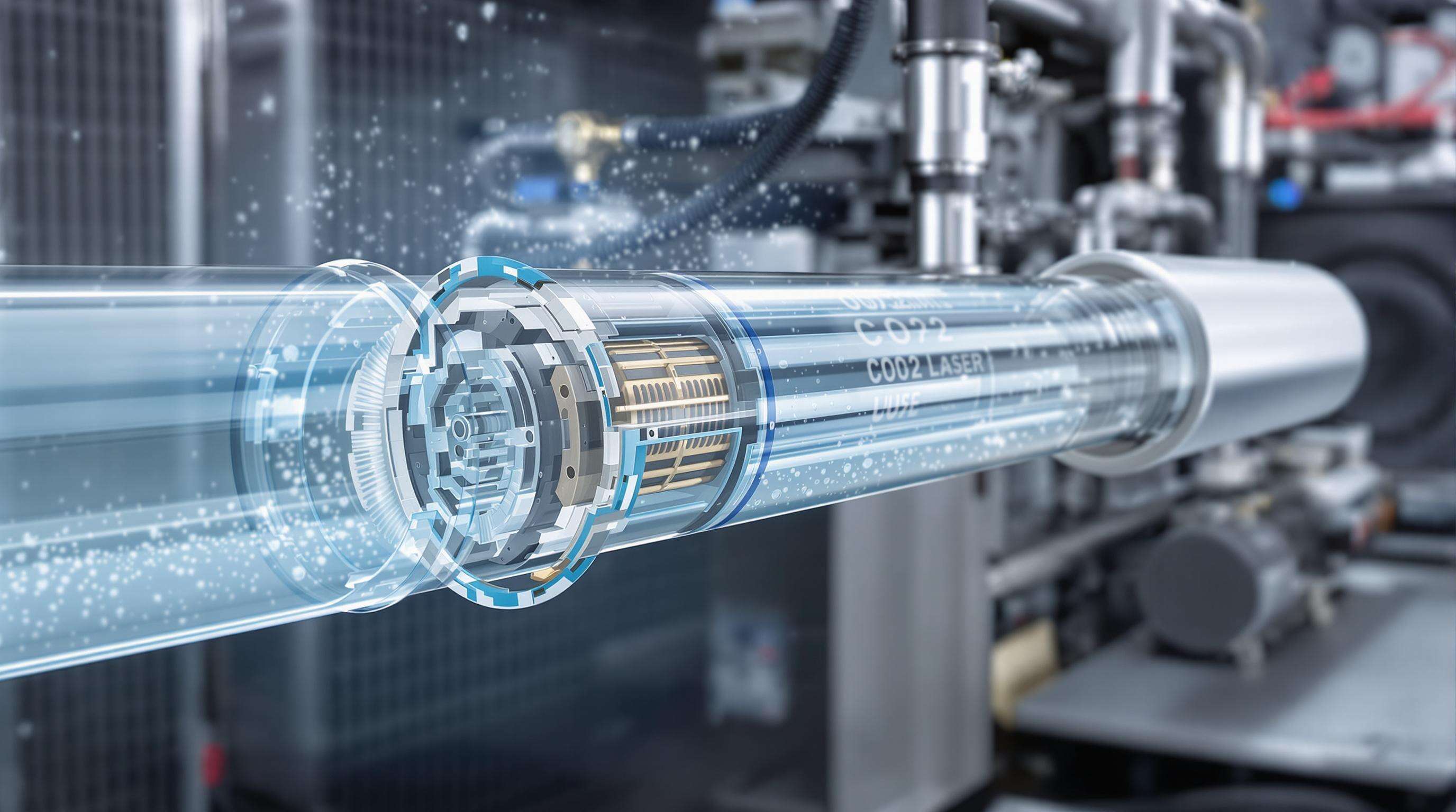 Close-up of a CO2 laser tube being cooled by water circulating from an industrial chiller, showing heat exchange process