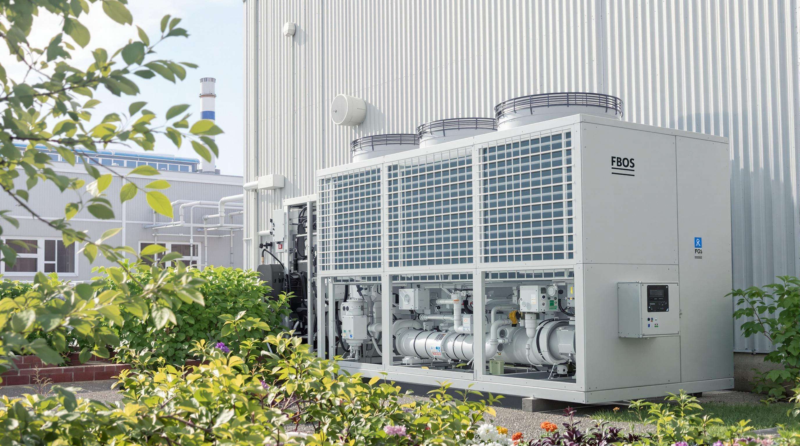 Photo of a modern industrial air cooled chiller with sustainability features set outdoors beside a factory, with eco-friendly touches.