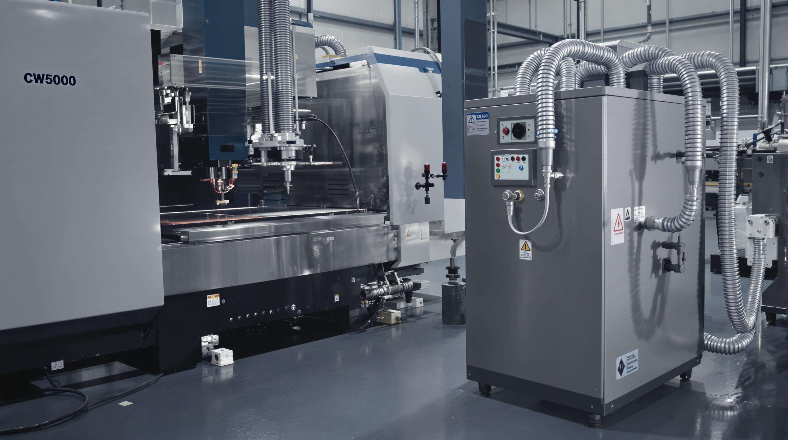 CW5000 water chiller beside industrial machinery in a workshop environment