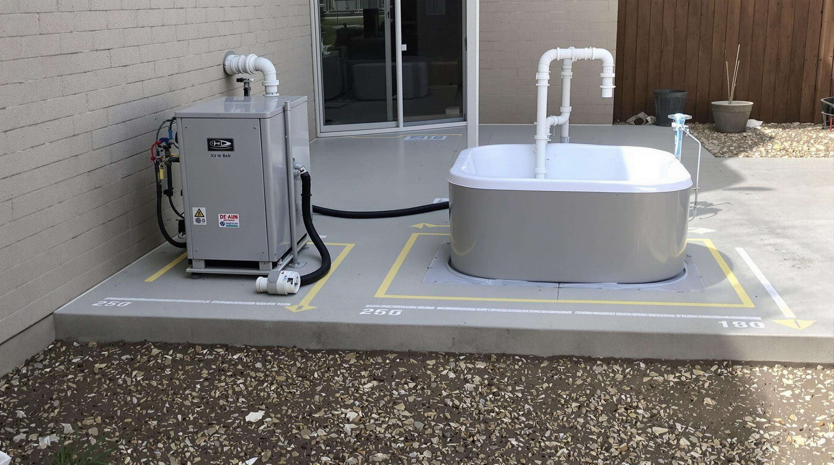 An outdoor site set up for an ice bath chiller, showing a tub and chiller on a concrete pad with clear space around them and shaded areas.
